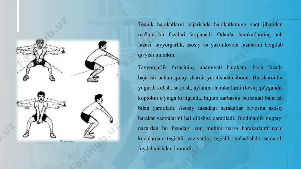 atishda o'yinchi to'pning tagiga kirib boradi. bunda qo'lning orqa kaft qismi bosh orqasigacha ko'tariladi. to'p uzatish qo'llarni tirsak qismida bukib-yozish hisobiga bajariladi, gavda orqaga-yuqoriga harakatlanadi, bunda harakat umurtqa pog'onasining ko'krak va bel qismlarining bukilishi hisobiga bo'ladi (7-rasm). sakrab orqaga to'p uzatish xuddi tayanch holatda orqaga to'p uzatish kabi bajariladi. to'p uzatishning eng murakkab usuli bu sakrab bir qo'l bilan to'p uzatishdir. 12 bu texnik usul orqali to'p o'yinga kiritiladi. bu usulning asosiy maqsadi to'pni raqib jamoasiga iloji boricha qiyin qilib berishdir. shuning uchun bu usul hujum texnikasining vositasi bo'lib hisoblanadi. to'pni kiritish dastlabki holatdan va uchta ketma-ket fazalar: tayyorgarhk (to'pni tashlash, qo'lni silkish), asosiy (zarba berish) va yakunlovchi (qo'lni tushirish va keyingi harakat) fazalardan iborat. voleybolda pastdan to'g'ri, yuqoridan to'g'ri, yondan yuqoridan va sakrab to'g'ri to'p kiritish usullari mavjud. bu usullarni bajarishda to'pga zarba berish turli tarzdagi ketma-ketlikda bajariladi. birinchi navbatda to'pga aylanma harakat berish, so'ngra aylanma harakat bermasdan to'p …
