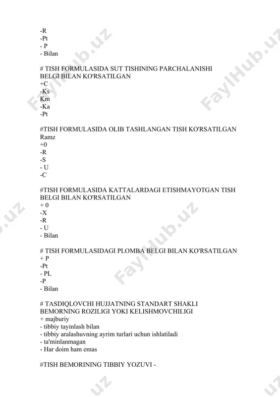 y shakli) # tashxis va keyingi barcha tibbiy bo'limlar tish bemorining kartalari (№043 / y shakl) to'ldirilgan + davolovchi shifokor - hamshira - ro'yxatga oluvchi - bo'lim mudiri - barcha javoblar to'g'ri #rentgen apparati o'rnatilishi mumkin maydoni kamida (kv.m)bo'lishi kerak bo'lgan alohida xona + 6 -8 -9 -11 -14 #bemorni tekshirish uchun asosiy vositalar: - periodontal zond - krampon qisqichlari - lift - shtopfer + oyna #tish oynasining maqsadi? - tishlarni tayyorlash uchun - tish konlarining mavjudligini tekshirish uchun - to'ldirish uchun qo'shimcha vosita - tish go'shtini tortib olish uchun +erishish qiyin bo'lgan joylarni ko'rib chiqish #tish cımbızlarının maqsadi: - labni tortib olish - plomba moddasining harakati - tishlarni tibbiy davolash - erishish qiyin bo'lgan joylarni ko'rib chiqish + tishning harakatlanish darajasini aniqlash uchun #tish probining maqsadi: - tish rangini aniqlash - tishlarning harakatchanligini aniqlash - tishlarni tibbiy davolash - tish konlarini olib tashlash uchun + kariyes bo'shliqlarini o'rganish #tish …