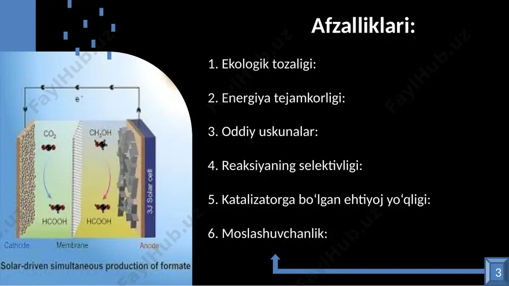 ... 10 texnologik yangiliklarga kelsak, katalizatorlar yordamida gidrogenlash samaradorligini oshirish bo‘yicha ishlar olib borilmoqda. bu jarayonlarda xomashyo tarkibidagi zararli aralashmalarni kamaytirish va mahsulotning sifatini yaxshilash maqsad qilingan. shu bilan birga, gidrotozalashda foydalaniladigan katalizatorlar va ularning regeneratsiya texnologiyalarini takomillashtirish bo‘yicha tadqiqotlar o‘tkazilmoqda. bu yo‘nalishdagi innovatsiyalar o‘zbekistonda nafaqat energetika samaradorligini oshirish, balki atrof-muhitni himoya qilish va sanoatning ekologik barqarorligini ta’minlashga ham xizmat qilmoqda. 11 anodli oksidlash va uglevodorodlarni gidrogenlash sohasining rivojlanishi asosan 20-asr boshlariga to‘g‘ri keladi. bu davrda elektrokimyoviy jarayonlarga asoslangan texnologiyalar sanoat miqyosida joriy etila boshlagan. xususan, 1920-yillarda gidrogenlash jarayonlari uchun katalizatorlardan foydalanish texnologiyasi ishlab chiqildi. bu sohaning rivojlanishi germaniyada 1910-1920 yillar oralig‘ida, fridrix bergius va frants fisxer kabi olimlarning ishlariga bog‘liq. ular uglevodorodlarni gidrogenlash usulini takomillashtirib, fisxer-tropsh sintezi deb nomlangan jarayonni yaratdilar. keyinchalik bu texnologiya yoqilg‘i ishlab chiqarishda keng qo‘llanila boshlandi. tarix... 12 elektrokimyoviy anodli oksidlash esa 20-asr o‘rtalariga kelib rivojlana boshladi. ushbu texnologiya birinchi marta metallurgiyada, so‘ngra kimyo sanoatida …