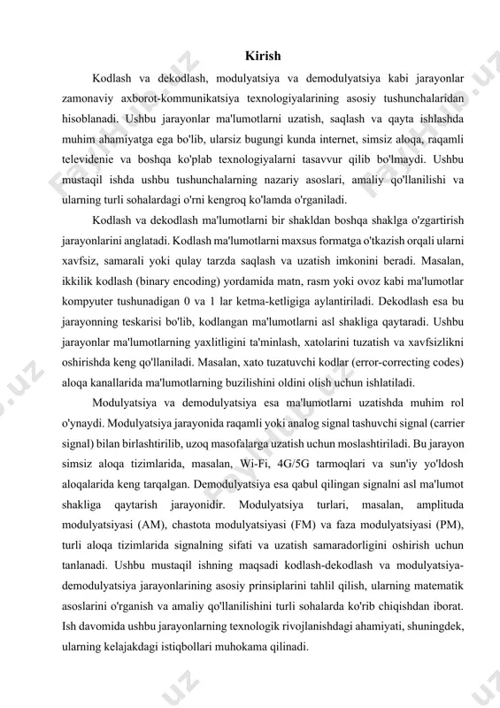 masalan, “a” harfi ascii’da 01000001). 2. ma'lumotlarni siqish (data compression): ma'lumotlar hajmini kamaytirish uchun ishlatiladi. masalan, zip fayllari yoki jpeg tasvir siqish algoritmlari. 3. xato tuzatuvchi kodlash (error-correcting codes): ma'lumotlar uzatilishida yuzaga kelishi mumkin bo'lgan xatolarni aniqlash va tuzatish uchun ishlatiladi. masalan, hamming kodi yoki reed-solomon kodi. 4. shifrlash (encryption): ma'lumotlarni maxfiylik uchun maxsus kalit yordamida kodlash. masalan, aes (advanced encryption standard) yoki rsa algoritmlari. dekodlash nima? dekodlash — kodlangan ma'lumotlarni asl shakliga qaytarish jarayonidir. bu jarayon kodlashning teskari amali hisoblanadi. dekodlashning muvaffaqiyati kodlashda ishlatilgan algoritm va qoidalarga to'g'ri rioya qilishga bog'liq. misollar: · ascii kodlangan ma'lumotni matnga aylantirish. · siqilgan faylni (masalan, zip) ochish orqali asl ma'lumotlarni tiklash. · shifrlangan ma'lumotlarni maxsus kalit yordamida ochish (dekriptlash). amaliy qo'llanilishi 1. telekommunikatsiya: kodlash va dekodlash ma'lumotlarni uzoq masofalarga uzatishda ishlatiladi. masalan, xato tuzatuvchi kodlar simsiz aloqa tarmoqlarida (wi-fi, 5g) signalning sifatini ta'minlaydi. 2. ma'lumotlarni saqlash: qattiq disklarda, usb xotiralarda yoki bulutli …