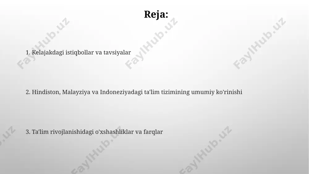 hloq hududlarida maktabga borish darajasi pastligi va malakali o'qituvchilar yetishmasligi kabi muammolar mavjud, bu esa hindiston va malayziyadagi ta'lim tengsizligidan farq qiladi. malayziya va indoneziyada oliy ta'lim muassasalari soni hindistonga nisbatan ancha kam, ammo ularning xalqaro reytingdagi mavqei yuqoriroq. masalan, kuala-lumpur va jakartadagi universitetlar dunyoning eng yaxshi 500 taligiga kiradi. kelajakdagi istiqbollar va tavsiyalar indoneziyaning java orolidagi 10 ta yirik shaharida ingliz tili o'qitish dasturlariga 2024-yildan boshlab qo'shimcha 50 million dollar sarmoya kiritish, xalqaro miqyosdagi raqobatbardoshlikni oshirishga yordam beradi. hindiston, malayziya va indoneziya ta'lim tizimlarini 2030-yilga borib, jahon bankining 50 milliard dollarlik investitsiya dasturi orqali rivojlantirish, ayniqsa qishloq hududlaridagi maktablarni modernizatsiya qilish orqali amalga oshirilishi mumkin. kasb-hunar ta'limi indoneziyaning java orolida joylashgan kasb-hunar ta'limi markazlari 2021-yilda 10 mingdan ortiq talabalarni qabul qilib, turli sohalarda malakali mutaxassislar tayyorlashga hissa qo'shdi. kasb-hunar ta'limi bo'yicha o'zbekiston, 2023-yilda 500 000 dan ortiq yoshlarni kasb-hunar kollejlariga qabul qildi, bu mamlakat iqtisodiyotini rivojlantirishga sezilarli hissa qo'shadi. …