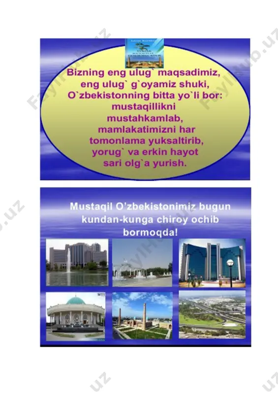 hilardan ushbu o`tkazilgan mashg`ulotdan olingan taassurotlar haqida fikrlashadi. o`quvchilarning tahminiy javoblari; 1-o`quvchi: menda bu tanishuvdan ko`tarinki ichki hissiyot paydo bo`ldi. 2-o`quvchi: men bu mashhulotda faol qatnashish mas'uliyatini sezdim. o`qituvchi: sizlarga katta rahmat! barchangiz tanishuv mashqulotida faol ishtirok etganingizdan juda mamnun bo`ldim. o`ylaymanki darsimiz davomida yanada ishchanlik kayfiyatida bo`lasizlar. bugungi mavzu: o`zbekiston - ulkan imkoniyatlar, yangilanishlar va islohotlar mamlakati. (o`qituvchi sinf taxtasiga yozib qo`yilgan yangi mavzuni tushuntirish davomida uchraydigan tayanch so`z va iboralar ma'nosini o`quvchilar faolligini ta'minlagan holda izohlab beradi). o`quvchilarni faollashtirish uchun savollar 1.mana bugun o`quv yilining birinchi kuni, maktabga kelishingizdan oldin siz o`zingizga qanday maqsad qo`ydingiz? o`quvchilarning javoblari umumlashtiriladi. (har bir o`quvchining fikrini olishga harakat qilinadi. agar 9-sinf o`quvchilari bo`lsa, savolni davom ettirib, kelgusida qaysi kasbni egasi bo`lmoqchisiz, buning uchun nima ishlarni qilishingizni lozimligini o`ylab ko`rdingizmi? degan savol ham berish mumkin.) 2. bizning yashayotgan hududda sizlarning ertangi kuningiz uchun qanday imkoniyatlar mavjud? o`quvchilarning javoblarini o`qituvchi umumlashtirgan holda hududagi yangi …