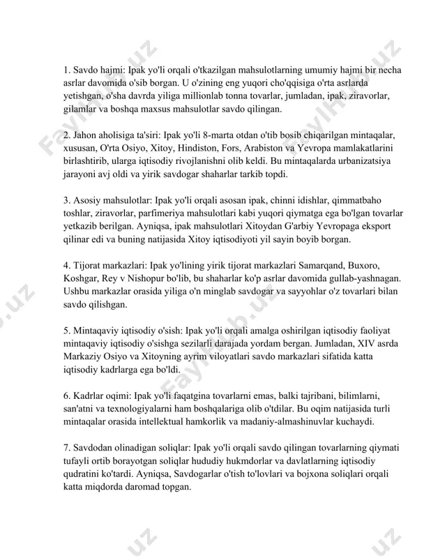 alariga olib o'tdilar. bu oqim natijasida turli mintaqalar orasida intellektual hamkorlik va madaniy-almashinuvlar kuchaydi. 7. savdodan olinadigan soliqlar: ipak yo'li orqali savdo qilingan tovarlarning qiymati tufayli ortib borayotgan soliqlar hududiy hukmdorlar va davlatlarning iqtisodiy qudratini ko'tardi. ayniqsa, savdogarlar o'tish to'lovlari va bojxona soliqlari orqali katta miqdorda daromad topgan. 8. xalifalik davrida savdo o'sishi: abbosiylar xalifaligi davrida bag'dod ipak yo'lining eng muhim tijorat nuqtalaridan biriga aylangan. bu davrda savdo hajmi yana oshib, xalifalikning iqtisodiy barqarorligi oshgan. 9. 13-14-asrlarda yevropada ta'siri: ipak yo'lining ta'sirida yevropada xiv asrgacha iqtisodiy faoliyat kuchaydi. italiya va ispaniya kabi davlatlar o'rta sharq va osiyo bilan bo'lgan tijorat aloqalarini kengaytirdilar. 10. transport vositalari va usullari: ipak yo'li tomonidan foydalanilgan transport vositalari va usullari zamonaviy logistik tizimlarga asos soluvchi bo'lgan. karvon yo'llari orqali maxsus tashkilotlar va infratuzilma rivojlandi. 11. mahalliy ijtimoiy oqibatlar: ipak yo'li orqali o'tgan savdo ayrim mintaqalarda ijtimoiy tartiblarni o'zgartirdi. xususan, o'rta osiyoda savdogar qatlamining kuchayishi ijtimoiy …