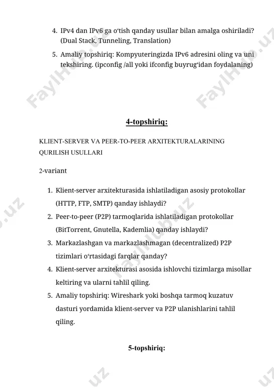 hlaydi. port: 110 (oddiy), 995 (ssl). afzallik: internetga ulanmagan holda xatlarni o‘qish mumkin. imap (internet message access protocol): ishlash: e-pochta xabarlari serverda saqlanadi va real vaqtda boshqariladi. port: 143 (oddiy), 993 (ssl). afzallik: bir nechta qurilma orqali xatlarni boshqarish mumkin. smtp (simple mail transfer protocol): ishlash: faqat xat yuborish uchun ishlatiladi. port: 25 (oddiy), 465 yoki 587 (ssl). afzallik: pop3/imap bilan birga ishlaydi – xat yuborish qismini ta’minlaydi. 5. amaliy topshiriq: telnet yoki ssh orqali masofaviy serverga ulanib, buyruqlarni bajarish ssh orqali ulanish (linux / mac yoki windows powershell): ssh username@server_ip masalan: ssh student@192.168.1.100 kirish uchun parol kiritiladi. kirgach, buyruqlar bajariladi, masalan: ls # fayllarni ko‘rish pwd # joriy katalog uptime # server ishlash vaqti telnet orqali ulanish (kamroq xavfsiz): telnet server_ip port masalan: telnet 192.168.1.100 23 eslatma: ssh xavfsizroq va zamonaviy tizimlarda telnet o‘rniga ishlatiladi. 2- topshiriq lan, man, wan tarmoqlarida qo‘llaniladigan marshrutlash protokollari 1. man (metropolitan area network) …