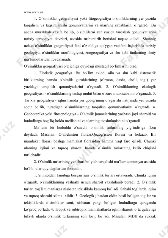 ik turlari ortaveradi. chunki iqlim o`zgarib, o`simliklarning yashashi uchun sharoit yaxshilanib boradi. 2. o`simlik turlari tog`li tumanlarga nisbatan tekislikda kamroq bo`ladi. sababi tog`larda iqlim va tuproq sharoiti xilma- xildir. 3. geologik jihatdan oldin hosil bo`lgan tog`lar va tekisliklarda o`simliklar soni, nisbatan yangi bo`lgan hududlarga qaraganda ko`proq bo`ladi. 4. tropik va subtropik mamlakatlarda iqlim sharoiti o`ta qulayligi tufayli ularda o`simlik turlarining soni ko`p bo`ladi. masalan: mdh da yuksak o`simliklarning 16 mingga yaqin turi uchragan bo`lsa, braziliyada 40 ming. o`rta osiyoning tog`li tumanlarida yuqori o`simliklarning 5 mingga yaqin turi o`sadi. cho`l zonasida hammasi bo`lib, 800 ga yaqin o`simliklar turi uchraydi. 3. o`simlik turlarining kelib chiqishi, tabiatda tutgan o`rni, xalq xo`jaligida foydalanishiga ko`ra barcha yuksak o`simliklar quyidagi guruhlarga bo`linadi. 1. madaniy o`simliklar. bular insonlar tomonidan ekib, o`stiriladigan o`simliklar bo`lib, odamlar ularning hosilli sifatli tur va navlarini yaratganlar. masalan: g`o`za, bug`doy. g. n. shlikov ma`lumoticha hozir ekiladigan o`simlik turlarining soni 30000 ta bo`lib, insonlarning …