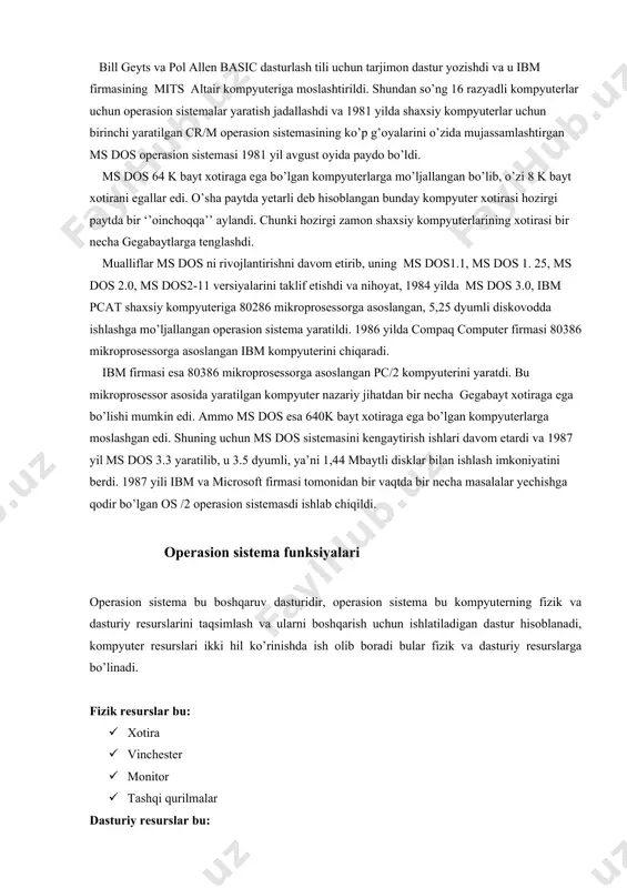 yili ibm va microsoft firmasi tomonidan bir vaqtda bir necha masalalar yechishga qodir bo’lgan os /2 operasion sistemasdi ishlab chiqildi. operasion sistema funksiyalari operasion sistema bu boshqaruv dasturidir, operasion sistema bu kompyuterning fizik va dasturiy resurslarini taqsimlash va ularni boshqarish uchun ishlatiladigan dastur hisoblanadi, kompyuter resurslari ikki hil ko’rinishda ish olib boradi bular fizik va dasturiy resurslarga bo’linadi. fizik resurslar bu: · xotira · vinchester · monitor · tashqi qurilmalar dasturiy resurslar bu: · kiritish va chiqarishni boshqaruvchi dasturlar · kompyuter ishlashini ta’minlaydigan boshqaruvchi dasturlar · berilganlarni tahlil qiluvchi dasturlar · drayverlar · virtual ichki va tashqi xotirani tashkil qiluvchi va boshqaruvchi dasturlar dasturlash sistemasi- dasturlash tillari va ularga mos til prosessorlari majmuasidan iborat bo’lib, dasturlarga ishlov berish va sozlashni ta’minlovchi dasturlar to’plamidan iborat. dasturlash sistemasining tashkil qiluvchilari dasturlar, amaliy dasturlar to’plami singari operasion sistema boshqaruvi ostida ishlaydi. operasion sistemalardan qo’yidagi hususiyatlarga ega bo’lish talab etiladi: 1. ishonchlilik- operasion sistema …