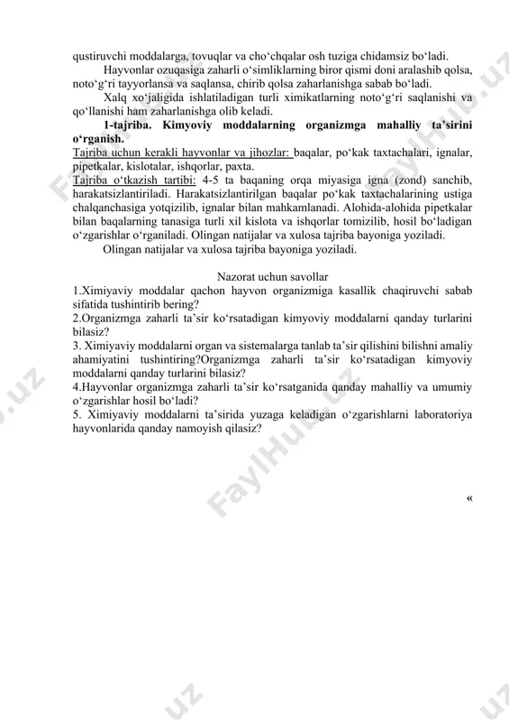 gan jarayonda organizmning barcha hayotiy jarayonlarining buzilishi asosiy sabab hisoblanadi. zaharli moddalar ta’sirida yuzaga keladigan patologik jarayon shu moddaning miqdori yuborilish joyi, biologik eritmalarda erishi va boshqalarga bog‘iq. bir xil moddalar o‘zining miqdoriga bog‘liq ravishda davolovchi, zaharlovchi va hatto o‘ldirish xususiyatiga ega bo‘lishi mumkin. zaharli moddalarni organizmga vena qoni yoki teri tagiga yuborilishi, ichak orqali yuborilgandagidan zaharliroqdir. zaharli moddalarning organizmga ta’siri faqat zaharli modda xususiyati bilan bog‘liq bo‘lmasdan bir qancha ekzogen va endogen sabablarga bog‘liq. zaharli moddalar ta’siri hayvon turiga, jinsiga, yoshiga, semizligiga, individual reaktivligiga va hayvonni saqlanishiga, oziqlanishiga, yashash sharoitiga va bajarayotgan ishiga bog‘liq. masalan: it va cho‘chqalar shoxli hayvonlarga nisbatan og‘ir metal tuzlariga, shoxli hayvonlarga nisbatan otlar ba’zi bir o‘simlik zaharlariga sezuvchandir. shoxli hayvonlarni xloroformga, otlarni qustiruvchi toshlarga, mushuklarni karbol kislotasiga, parrandalarni osh tuziga sezuvchanligi yuqori ekanligi aniq bo‘lsa, itlarni qustiruvchi toshga, mushikni apomorfinga, parrandalarni strixninga sezuvchanligi past va h.z.o. hayvonlar odamlarga nisbatan nerv zaharlariga sezuvchan. urg‘ochi hayvonlarni …