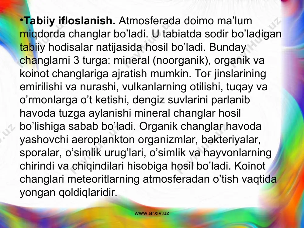 bu mashinalar katta maydonlar bo’ylab tarqoq holda ishlasada, ulardan chiqqan za­rarli gazlar tezlik bilan havoga tarqaladi. shuning uchun ulardan foydalanilganda yonilg’i ta’minoti va yonish tizimlarini sozlab, to’g’ri ekspluatasiya qilish lozim. ko’plab benzin va kerosinlar ularni saqlash, avtomashinalardan traktor va kombaynlarga qo’yish vaqtida bug’lanadi. www.arxiv.uz www.arxiv.uz www.arxiv.uz www.arxiv.uz foydalanilgan adabiyotlar i.a.karimov. tarixiy xotirasiz kelajak yo’q. t., “sharq”, 1998. i.a.karimov. o’zbekiston buyuk kelajak sari. t., “o’zbekiston”, 1998. i.a.karimov. o’zbekiston xxi asrga intilmoqda. t., “o’zbekiston”, 1999. jabborov n. kimyo va atrof muhit. t., “o’qituvchi”1992. barotov p. tabiatni muhofaza qilish. t., “o’qituvchi”1991. shodimetov yu. ijtimoiy ekologiyaga kirish. i, ii qism, t., “o’qituvchi”1994. otaboyev sh. nabiyev m. inson va biosfera. t., “o’qituvchi www.arxiv.uz www.arxiv.uz www.arxiv.uz www.arxiv.uz