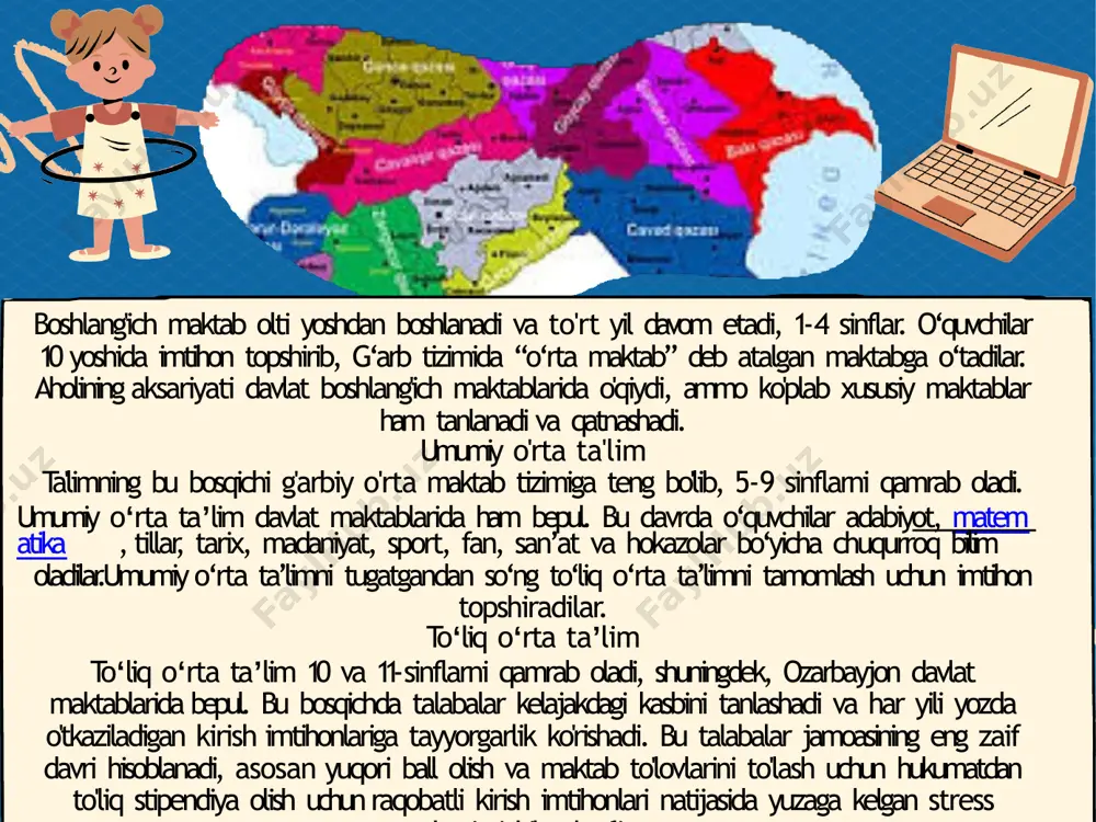 lib kelgan. shu sababli va neft sanoatining ozarbayjon iqtisodiyotidagi o'rni tufayli ozarbayjonlarning nisbatan yuqori foizi qaysidir shaklda oliy ma'lumotga ega bo'lgan, ayniqsa ilmiy-texnikaviy fanlar bo'yicha. bir qancha professional institutlar neft sanoati va boshqa yirik sanoat tarmoqlari uchun texnik kadrlar tayyorlaydi. glossary təhsil-ta’lim ilkin-boshlang’ich ta’lim məktəb-maktab kollec-kollej ikinci təhsil-o’rta ta’lim universitet-universitet ustad-magstir bakalavr-bakalavr pedaqoq-pedagog e’tiboringiz uchun rahmat image1.png image2.png image3.png image4.png image5.png image6.png image7.png image8.png image9.png image10.png image11.png image12.png image13.png image14.png image15.png image16.png image17.png image18.png image19.png image20.png image21.png image22.png image23.jpg image24.png image25.png image26.png image27.png image28.png image29.png image30.png image31.png image32.png image33.png image34.png image35.png image36.png image37.png image38.png image39.png image40.png image41.png image42.png image43.png image44.png image45.png image46.png