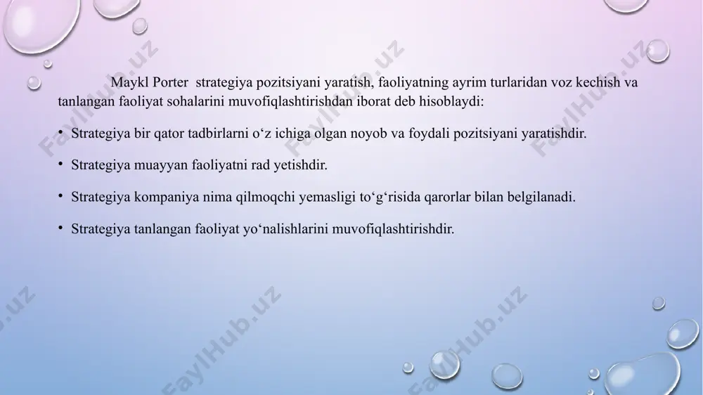 lashga undamaydi. o’tkinchi muvaffaqiyat menejerlarning eski rahbarlik uslubini qo’llashga majbur qiladi. aynan shunday holat bugungi kun yoki istiqboldagi holatni inkor etishga undaydi. strategik menejmentning mohiyati uchta muhim savolga javob berishdan iborat: - korxonaning hozirgi holati qanday? - uch, besh, o'n yil ichida qanday holatda bo'lishni xohlar edingiz? - istalgan mavqega qanday erishish mumkin? strategik menejment bosqichlari... strategik menejmentning asosiy bosqichlari: atrof-muhitni tahlil qilish; tashkilotning vazifasi va maqsadlarini aniqlash; strategiyani shakllantirish va tanlash; strategiyani amalga oshirish; strategiyani amalga oshirishni baholash va nazorat qilish. strategik qarorlar, masalan: korxonani qayta qurish; innovatsiyalarni joriy etish (tashkiliy -huquqiy shaklning o'zgarishi, tashkil etish va ish haqining yangi shakllari, etkazib beruvchilar va iste'molchilar bilan o'zaro munosabatlar); yangi savdo bozorlariga chiqish; korxonalarni sotib olish, birlashtirish. boston коnsalting guruhi 1968 yilda boston konsalting guruhining asoschisi bryus xenderson barqaror foyda o‘sishi strategiyasini taklif qildi. strategiyaning mohiyati: kompaniya katta investitsiyalarni talab qilmaydigan foydali sohalardan pul olib, tez rivojlanayotgan yangi loyihalarga sarmoya …