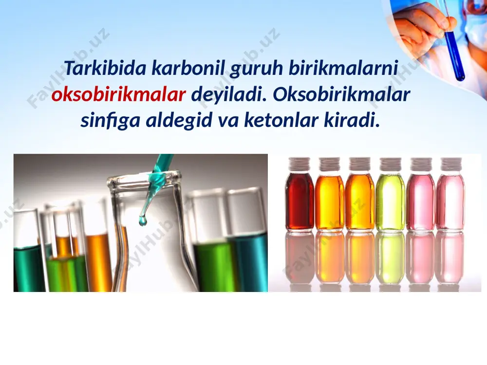 anadigan birikmalardir. ular xatto havo kislorodi yoki kuchsiz oksidlovchilar, masalan, kumush oksidining ammiakli eritmasi va mis (ii) gidroksid ta’sirida oson oksidlanadi. image2.jpeg image3.jpeg image4.jpeg image5.jpeg image6.jpeg image7.png image8.jpeg image9.jpeg image10.jpeg image11.gif image12.jpeg image13.jpeg image14.png image15.jpeg image16.jpeg image17.jpeg image18.jpeg image19.png image20.jpeg image21.jpeg image22.jpeg image23.png image24.jpeg image25.jpeg image26.png image27.png image1.jpeg