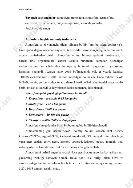 balar. atmosferada sodir bo`ladigan fizik, kimyoviy va biologik o`zgarishlar tirik organizmlarga o`z ta`sirini ko`rsatadi. so`nggi yillarda inson ta`sirining kuchayishi natijasida gazlar muvozanatining o`zgarishi kuzatilmoqda. atmosferadagi gazlar doimiy miqdorining o`zgarishi sayyoramiz uchun salbiy oqibatlarga olib kelishi aniqlangan. buyuk mutafakkir abu ali ibn sino aytganidek “agar havoda chang va tutun bo`lmasa inson ming yilgacha umr ko`rgan bo`lardi”. atmosferaning ifloslanishi deganda havoga zaharli birikmalarning qo`shilishi natijasida uning fizik va kimyoviy xususiyatlarini o`zgarishi tushuniladi. insoniyatga qolaversa, barcha jonivorlarga hayot baxsh etadigan atmosfera havosini hozir asosan ikki manba: tabiiy omillar va inson faoliyatining mahsuli – antropogen (sun`iy) manba ifloslantiradi. tabiiy omillarga: kosmik changlar, vulqonlarning otilishidan, to jinslarining emirilishi va tuproqning nurashidan vujudga kelgan moddalar, o`simlik va hayvon qoldiqlari, o`rmon va dashtdagi yonin, dengiz suvining mavjlanishi bilan havoga chiqqan tuz zarrachalari kabilarni misol qilib ko`rsatish mumkin. atmosferaning sun`iy ifloslanishiga: avtomobil transporti birinchi o`rinni (40%), energetika sanoati ikkinchi o`rinni (20%), korxona va tashkilot ishlab chiqarishi uchinchi o`rinni …