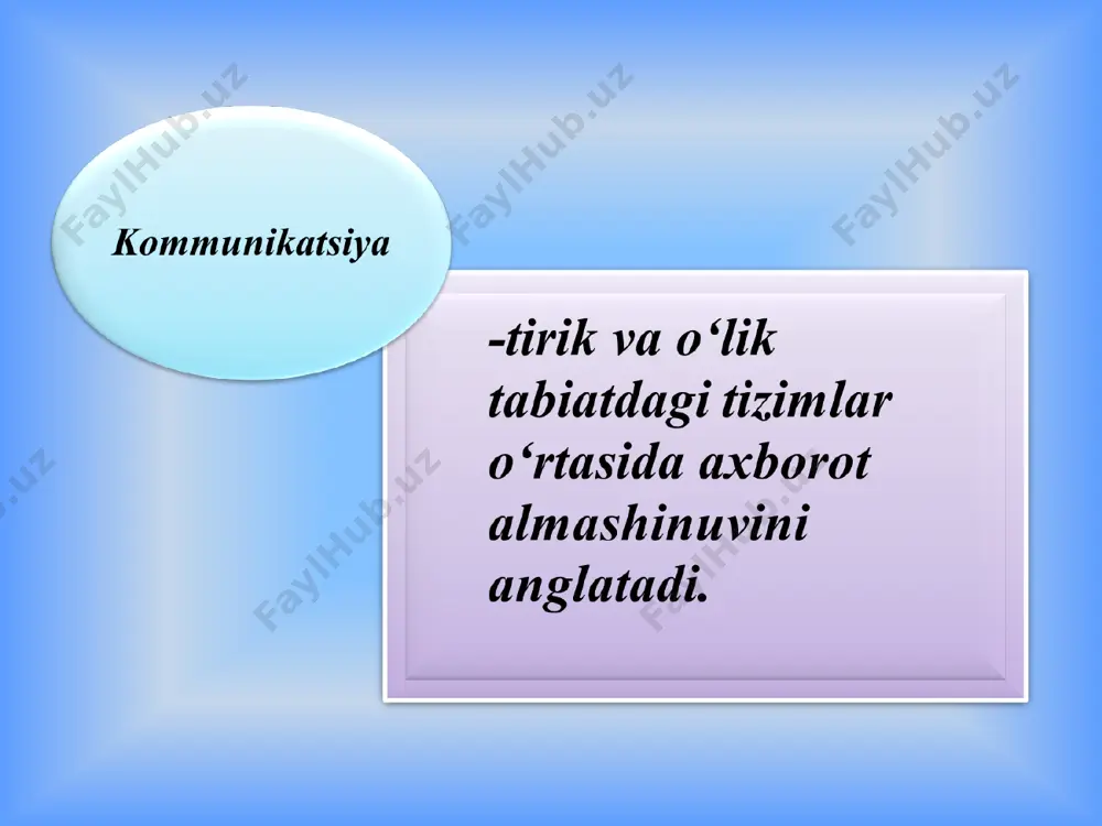 sh) – insonning suhbatdoshi tomonidan qanday idrok etilayotgani va tushunilayotganini anglashga intilishi * insoning o‘zini xayolan suhbatdoshi o‘rniga qo‘yish orqali uning kechinmalari va hissiyotlarini tushunishga intilishi – grekcha o‘zgarishsiz, takrorlanish degan ma’noni bildirib, insonning suhbatdoshini tushunishga intilishi yo‘lida muayyan shablondan foydalanishi * muloqotning psixologik jihatlari 1. empatiya: boshqalarning his-tuyg‘ularini tushunish va ularga munosabat bildirish. masalan: “sizning ahvolingizni tushunayapman” yoki “bu qanchalik qiyin bo‘lishi kerak”. 2. psixologik to‘siqlar: stereotiplar: odamni oldindan baholash. emotsional to‘siqlar: g‘azab, qo‘rquv, xavotir. til to‘siqlari: noto‘g‘ri terminlardan foydalanish yoki tushunmaslik. 3. muloqotda qarama-qarshiliklar: ziddiyatlarni hal qilishda muloqotning roli. masalan: “men” tilidan foydalanish (“men his qilyapman...”). muloqot turi va shakllari shaxsiy muloqot: oilaviy munosabatlar, do‘stlar bilan muloqot. masalan: oilada mavjud muammolar haqida ochiq gapirish. professional muloqot: ish joyida rahbarlar, hamkasblar bilan muloqot. masalan: ishda topshiriqlarni muvofiqlashtirish. madaniyatlararo muloqot: turli madaniyat vakillari bilan muloqot. masalan: turli madaniyatlarda ko‘z aloqa qilish yoki masofa turlicha bo‘lishi. virtual muloqot: onlayn muloqot (sotsial …