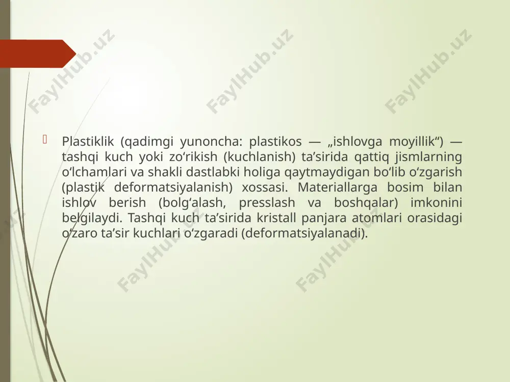 i qo'lingiz yoki boshqa kuch bilan egish oson. gravitatsiya yoki yuk ta'sirida gorizontal ravishda joylashgan nurlar va novdalar - ular egilish deformatsiyasiga duchor bo'ladi. bükme deformatsiyasini bir xil bo'lmagan kuchlanish va siqilish deformatsiyasiga kamaytirish mumkin. haqiqatan ham, konveks tomonda (4-rasm) material kuchlanishga, konkav tomonda esa siqilishga duchor bo'ladi. bundan tashqari, ko'rib chiqilayotgan qatlam o'rta qatlamga qanchalik yaqin bo'lsa kn, kuchlanish va siqilish qanchalik kichik bo'ladi. qatlam kn, kuchlanish yoki siqilish ostida bo'lmagan, neytral deb ataladi. foydalanilgan saytlar: https://uz.wikipedia.org/wiki/plastiklik https://uz.wikipedia.org/wiki/deformatsiya https://fayllar.org/deformatsiya-va-uning-turlari.html https://www.google.com/search?q=plastik+deformatsiya+va+uning+turlari&rlz=1c1ggrv_enuz1023uz1023&oq=plastik+deformatsiya+va+uning+turlari&aqs=chrome..69i57.2364j0j15&sourceid=chrome&ie=utf-8 etiboringiz uchun rahmat. image1.jpeg