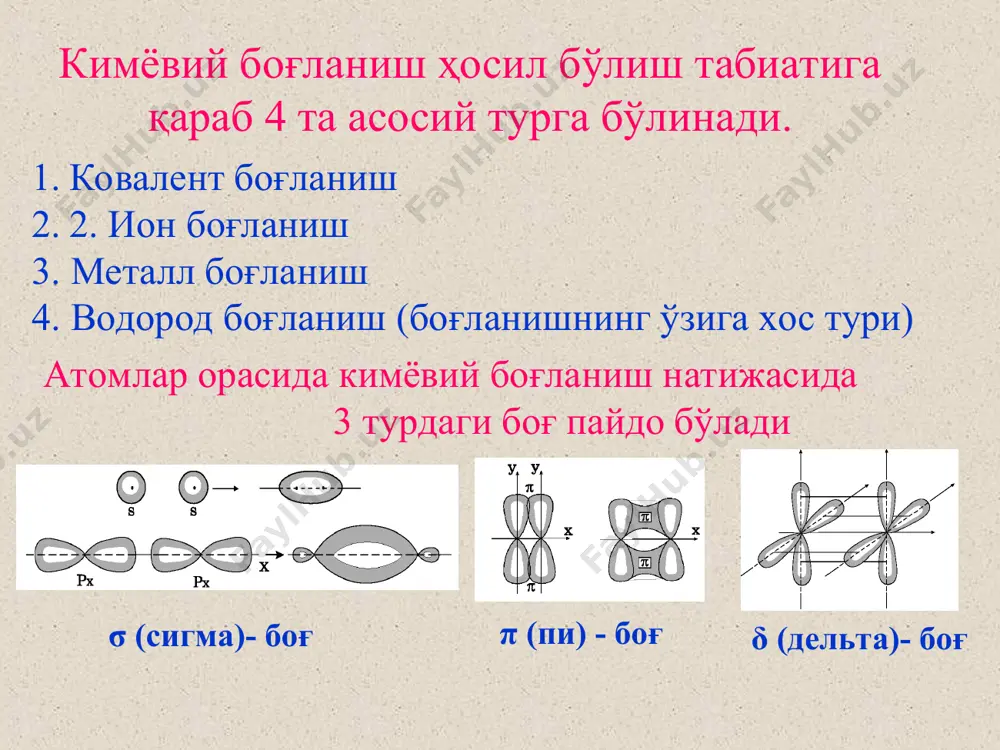 лиқ ўтиши содир бўлмайди. ушбу ҳолатни, бирикмалардаги эффектив зарядларнинг катталиклари тасдиқлайди т- схема «ион ва ковалент боғланишни таққослаш» ковалент боғланиш ионли боғланиш боғланишнинг тўйинувчанлиги боғланишнинг йўналувчанлиги молекуланинг кам қутбли бўлиши модданинг суюқланиш ҳарорати паст бўлиши ва сублиматланиши модданинг қутбсиз эритувчиларда эриши боғланишнинг кучли қутбланганлиги боғланишнинг тўйинувчан бўлмаслиги боғланишнинг йўналувчан бўлмаслиги модданинг қутбли эритувчиларда яхши эриши модданинг сувдаги эритмасининг электр ўтказиши валент боғлар назариясининг swot -таҳлили s-кучли томони w- кучсиз томони о- имкониятлари т- хавф-хатар strengths боғланишларни содда тушунтириш имконияти weakness молекуланинг магнит ва оптик хоссаларини тушунтириш имконияти йўқ opportunities молекула тузилишини унинг геометриясига боғлай олади threats кластер, клатрат ва π-комплекс бирикмаларни тушунтира олмаслиги * асосан металлар ва қотишмаларда металл боғланиш кузатилади. металларнинг барча хоссалари металл боғланиш ва металнинг атом тузилишига боғлиқ. метал боғланиш – металл ионлари ва умумий электрон булути ҳисобидан ҳосил бўлади. металларнинг суюқланиш, қайнаш ҳароратлари юқорилиги, иссиқлик ва электр ўтказувчанлигининг яхшилиги, болғаланувчанлиги металларга хос металл боғланиш эвазигадир. * …