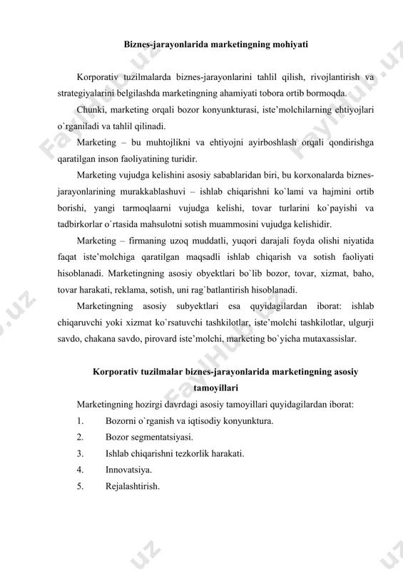 ish bozor ehtiyojlarini, bozor muhitining past-balandlarini har taraflama tadbirkorni bozor holatini o`rganishni ko`zda tutadi. narx siyosati, bozor sig`imi, tovarlarning iste’mol xususiyatlari, savdoni tashkil qilish, sotish kanallari, talabni shakllantirish va sotishni rag`batlantirishni tahlil qilish kеrak bo`ladi. sеgmеntlash harakatning samaradorligi va maqsadga qaratilganligini oshiradi, kеladigan bozor sеgmеnti, iste’molchilarning aniq guruhini aniqlash kеrak. ishlab chiqarish va sotishning faol va salohiyatli ehtiyoj talabiga epchillik bilan javob bеrish korxona ishlab chiqarish-sotish faoliyatini bozor holati va aniq iste’molchilar ehtiyojlariga bog`liq holda boshqarishning jadalligi va moslashuvini ko`zda tutadi. yangilik kiritish - zamonaviylashtirilib, yangilangan tovarning doimiy takomillashuvi yangi tovarlar, yangi tеxnologiyani yaratish va ilmiy-tadqiqot va konstruktorlik ishlarida yangiliklar kiritishni ko`zda tutadi. rеjalashtirish – moslashish tamoyilining mantiqiy davomi va qo`shimchasi bo`ladi. bu tamoyil bozor va prognozlarni ishlab chiqishga asoslangan markеtingning ishlab chiqarish-sotish dasturlarini ko`zda tutadi. markеting asosida bozorni har tomonlama o`rganish yo`nalishlarining asosiylaridan quyidagilarni ko`rsatib o`tish zarur: a) talabni o`rganish; b) bozor tarkibini o`rganish; v) tovarni o`rganish; g) raqobat …