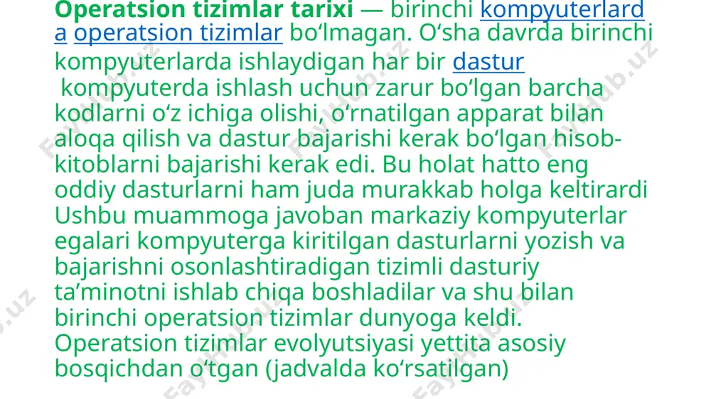 ratorga kompyuterda qanday ishni bajarishni xohlashini aytdi. odatda perfokartalar palubasi koʻrinishidagi bir nechta vazifalar toʻplami topshiriqlar paketi nomini oldi. uchinchi davr (1965-1980-yillar) kompyuterlar rivojlanishining uchinchi muhim davri 1965-1980-yillarga toʻgʻri keladi. bu vaqtda texnik bazada tranzistorlar kabi alohida yarimoʻtkazgichli elementlardan integral mikrosxemalarga oʻtish sodir boʻldi, bu esa yangi, uchinchi avlod ehmlariga ancha keng imkoniyatlar berdi. bu davr, shuningdek, dasturiy taʼminotga mos keladigan mashinalar oilalarini yaratish bilan tavsiflanadi. integral mikrosxemalarga asoslangan dasturiy taʼminotga mos keladigan mashinalarning birinchi oilasi ibm/360 seriyali mashinalar ishlab chiqilgan edi. 1960-yillarning boshlarida qurilgan bu oila ikkinchi avlod mashinalaridan narx/unumdorlik jihatidan sezilarli darajada ustun keldi. tez orada dasturiy taʼminotga mos keladigan mashinalar gʻoyasi umum eʼtirof etildi. dasturiy taʼminot operatsion tizim muvofiqligini talab qildi. bunday operatsion tizimlar katta va kichik turli xil tashqi qurilmalarga ega katta va kichik hisoblash tizimlarida tijorat sohasida va ilmiy tadqiqot sohasida ishlashi kerak edi. ushbu qarama-qarshi talablarning barchasini qondirish niyatida tuzilgan operatsion tizimlar dizayn jihatidan …