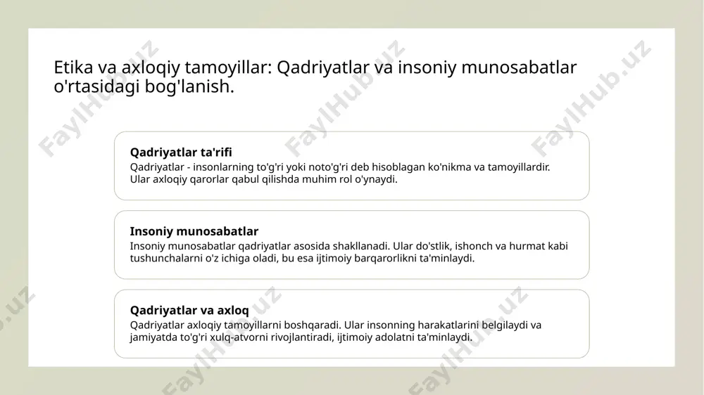 tushunchasi muhim o'rin tutadi. bu, fuqarolarning axloqiy jihatdan mas'uliyatli bo'lishini ta'minlaydi. xulosa 1 etika: asosiy ahamiyati etika, insonlarning axloqiy qarorlarini shakllantiruvchi muhim tamoyil bo'lib, jamiyatning barqarorligi va rivojlanishida muhim rol o'ynaydi. 2 qadriyatlar va munosabatlar qadriyatlar insoniy munosabatlarni belgilaydi, ularning o'zaro aloqalari esa axloqiy qadriyatlarning kuchayishiga olib keladi va jamiyatni yanada mustahkamlaydi. 3 yosh avlod kelajagi yosh avlodning axloqiy qadriyatlarni o'zlashtirishi, kelajakda ijtimoiy barqarorlikni ta'minlaydi va jamiyatni ijobiy o'zgarishlarga olib keladi. e'tiboringiz uchun rahmat! /docprops/thumbnail.jpeg