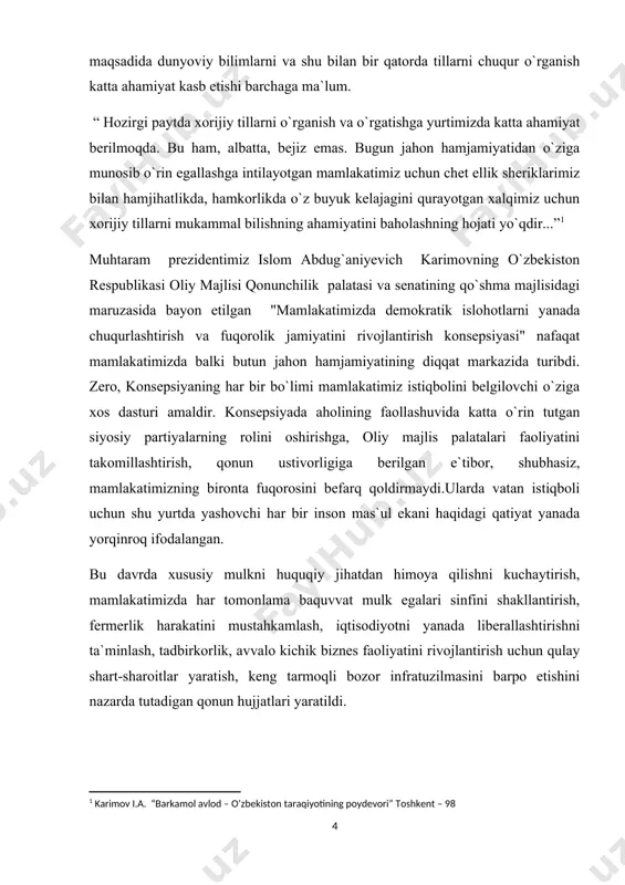 oshirishga, oliy majlis palatalari faoliyatini takomillashtirish, qonun ustivorligiga berilgan e`tibor, shubhasiz, mamlakatimizning bironta fuqorosini befarq qoldirmaydi.ularda vatan istiqboli uchun shu yurtda yashovchi har bir inson mas`ul ekani haqidagi qatiyat yanada yorqinroq ifodalangan. bu davrda xususiy mulkni huquqiy jihatdan himoya qilishni kuchaytirish, mamlakatimizda har tomonlama baquvvat mulk egalari sinfini shakllantirish, fermerlik harakatini mustahkamlash, iqtisodiyotni yanada liberallashtirishni ta`minlash, tadbirkorlik, avvalo kichik biznes faoliyatini rivojlantirish uchun qulay shart-sharoitlar yaratish, keng tarmoqli bozor infratuzilmasini barpo etishini nazarda tutadigan qonun hujjatlari yaratildi. mazkur malakaviy bitiruv ishimning maqsadi ingliz tilidagi sinonimlarning o`zbek tilidagi tarjima tahlili muammolariga bag`ishlangan. bitiruv malakaviy ishimning amaliy ahamiyati shundaki, hozirgi zamon ingliz tilida sinonimlarni nazariy va amaliy o`rganishda lingvistlar va o`qituvchilar oldiga qator vazifalarni yuklaydi. bu esa ingliz tilini o`qitish, so`zlashuv aloqalarini yo`lga qo`yish jarayonini osonlashtirishning ayrim tadbirlarini ko`rib chiqishni talab qiladi. talabalar va o`quvchilarda ingliz tilida sinonimlarning ishlatilishi haqida tushuncha hosil qilishdan iborat. bitiruv malakaviy ishning obyekti hozirgi zamon ingliz tilida …