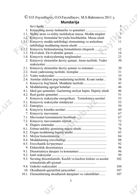 .. 88 8.5. eruvchanlik ko‘paytmasi ..................................................... 92 9. elektrolitik dissotsiatsiya .................................................... 96 9.1. dissotsiatsiya darajasi va konstantasi ................................ 96 9.2. ionli reaksiyalar .................................................................. 99 9.3. suvning dissotsilanishi. kuchli va kuchsiz kislota va asoslar eritmalarida ph qiymati ......................................... 102 9.4. gidroliz reaksiyalari ........................................................... 104 10. oksidlanish-qaytarilish jarayonlari ..................................... 107 10.1. elementlarning oksidlanish darajalari va valentliklari ...... 107 10.2. oksidlanish(qaytarilish reaksiyalari .................................. 110 10.3. oksidlanish-qaytarilish reaksiyalarining mahsulotlari ....... 120 10.4. oksidlanish-qaytarilish reaksiyalarining yo‘nalishi .... 121 10.5. oksidlanish-qaytarilish reaksiyalarining tenglamalari bo‘yicha hisoblashga doir masalalar ................................... 122 11. elektr kimyo asoslari .......................................................... 123 11.1. metallarning kuchlanishlar qatori ...................................... 123 11.2. elektroliz qonunlari ............................................................ 129 12. anorganik birikmalarning eng muhim sinflari .................. 131 12.1. oksidlar .............................................................................. 131 12.2. gidroksidlar ........................................................................ 132 12.2.1. asoslar ............................................................................... 132 12.2.2. kislotalar ............................................................................ 132 12.2.3. kislota va asoslar haqidagi hozirgi tasavvurlar ................ 133 12.3. tuzlar .................................................................................. 134 12.