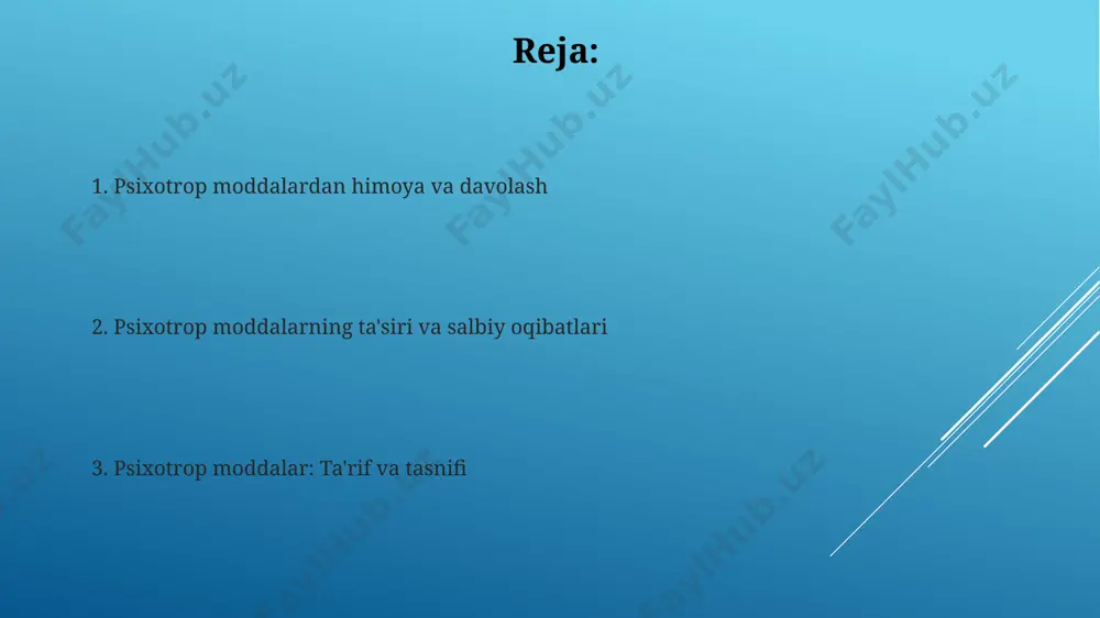 viloyatida psixotrop moddalarni iste'mol qilish natijasida sog'liqqa yetkazilgan zararni tiklashga yo'naltirilgan 20 ta reabilitatsiya markazi faoliyat yuritmoqda, ular yiliga 500 dan ortiq bemorni qabul qiladi. toshkent shahrida joylashgan "sog'lom avlod" markazi yoshlar orasida psixotrop moddalar haqida xabardorlikni oshirish maqsadida 15 yoshdan 25 yoshgacha bo'lgan 1000 dan ortiq yoshlarga ta'lim dasturlarini o'tkazdi. psixotrop moddalarning ijtimoiy oqibatlari toshkent shahridagi giyohvandlikka qarshi kurash markazining ma'lumotlariga ko'ra, psixotrop moddalarni iste'mol qiluvchilarning 70% dan ortig'i 18-25 yosh oralig'ida bo'lib, ularning ijtimoiy moslashuvi qiyinlashadi. psixotrop moddalarni noqonuniy savdosi natijasida 2023-yilning birinchi choragida samarqand viloyatida 5 million aqsh dollaridan ortiq zarar yetkazilganligi aniqlangan. psixotrop moddalarga bog'liqlik o'zbekistonda 2022-yilda psixotrop moddalarga bog'liqlik tufayli 5000 dan ortiq holat qayd etilgan bo'lib, ularning aksariyati toshkent va samarqand shaharlarida kuzatilgan. psixotrop moddalarga bog'liqlikka chalinganlarning 70% dan ortig'i 18-35 yosh oralig'ida bo'lib, giyohvand moddalarni qabul qilishning asosiy sababi stress va ijtimoiy muammolar hisoblanadi. e'tiboringiz uchun rahmat @taqdimot_robot image1.jpg image2.jpg image3.jpg image4.jpg image5.jpg …