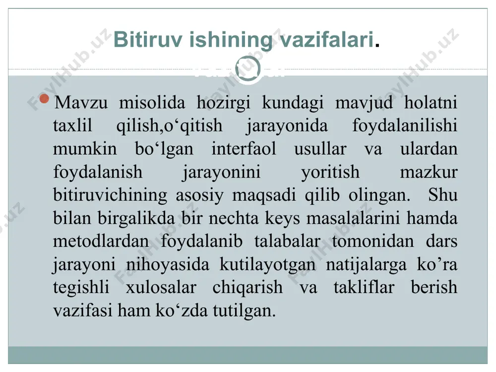 sesment” metodi o’quvchilar o’zlashtirishi uchun eng optimali ekanini aniqladik. shunday qilib, interfaol ta’lim texnologiyalari asosida o’qitish, elektron o’quv materiallari va amaliy darslarni o’qitishda bevosita ta’lim sifatini oshirish hamda talabalarning bilim saviyasini oshirishning negizi hisoblanadi. * * * * e’tiboringiz uchun rahmat. samarqand-2022