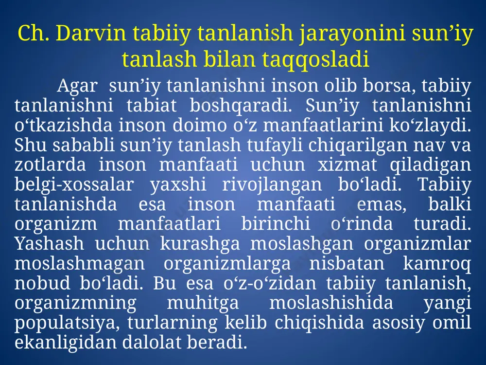 a sabab bo‘ladi. stabillashtiruvchi tanlanish ta’siri odamlarda ham uchraydi. normal odamlar hujayrasida 44 ta autosoma va 2 ta jinsiy xromosoma borligini bilasizlar. agar ayolning urug‘langan tuxum hujayrasida 44 ta autosoma va bitta y xromosoma bo‘lsa, boshqacha aytganda x xromosoma yetishmasa, u holda homila ona qornida 2–3 oydan so‘ng rivojlanmay qoladi va tabiiy abort ro‘y beradi. belgilari o‘rtacha darajada yoki unga yaqin darajada bo‘lgan individlarning saqlanishiga qaratilgan tanlanish stabillashtiruvchi tanlanish deyiladi harakatlantiruvchi tanlanish. tabiiy tanlanishning bu turi populatsiyadagi irsiy o‘zgaruvchanlik chegarasini kengay tiradi. bu tanlanish o‘zgargan muhit sharoitida eski reaksiya normasi o‘rniga yangi reaksiya normasini vujudga keltiradi hamda uni mustahkamlaydi. buning oqibatida kelgusi bo‘g‘inlarda oldingi bo‘g‘inlarning normadagi fenotipidan keskin farq qilgan yangi fenotipga ega organizmlar saqlana boradi. tanlanishning bu formasi belgi-xossalar eski individlar o‘rniga yangi muhit sharoitiga moslashgan individlar vujudga kelishi bilan xarakterlanadi. darvin besh yillik safar chog‘ida kuchli shamol tez-tez bo‘ladigan okean orollarida uzun qanotli hasharotlar kam, rudiment qanotli va …