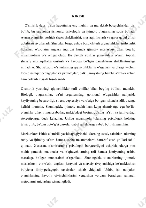‘z his-tuyg‘ularini to‘g‘ri boshqarishda qiyinchiliklarga duch keladilar. ushbu bosqichda shaxsiylik inqirozi yuzaga kelishi, hayotiy qadriyatlar shakllanishi, dunyoqarashning kengayishi va jamiyat bilan o‘zaro munosabatlar tizimining o‘zgarishi kuzatiladi. o‘smirlik davrida ijtimoiy muhitning roli nihoyatda muhimdir. oila, maktab va do‘stlar bilan bo‘lgan munosabatlar o‘smirning ruhiy holatiga bevosita ta’sir ko‘rsatadi. ota-onalar bilan bo‘lgan ziddiyatlar, do‘stlar orasidagi kelishmovchiliklar, o‘qishdagi qiyinchiliklar yoki jamiyatning turli talablariga moslashish muammolari o‘smirning psixologik bosim his qilishiga sabab bo‘lishi mumkin. shu sababli, o‘smirlar bilan ishlashda individual yondashuv, ularning his-tuyg‘ularini tushunish va qo‘llab-quvvatlash muhim ahamiyat kasb etadi. o‘smirlik davrining yana bir muhim xususiyati – mustaqillikka intilish va o‘ziga bo‘lgan ishonchning shakllanishidir. shu jarayonda ular ba’zan kattalar bilan mojaroga kirishishi yoki o‘z qarashlarini qat’iy himoya qilishga harakat qilishi mumkin. bu esa pedagoglar va ota-onalar uchun alohida yondashuvni talab qiladi. ularni tushunish, ularga ishonch bildirish va to‘g‘ri yo‘nalish ko‘rsatish orqali o‘smirlarning ijtimoiy moslashuvi osonlashadi. o‘smirlik davrida shaxsning axloqiy va axloqiy-etnik tamoyillari ham shakllanadi. bu …