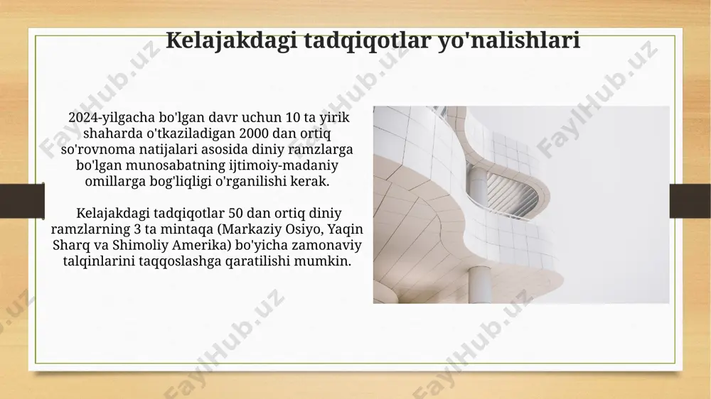 ing diniy ramziy ma'nolarini tahlil qilish 3 ta asosiy maktabning ta'sirini ko'rsatadi. globalizatsiya va diniy ramzlarning tarqalishi жаҳонлашув жараёнида 1990-йиллардан кейинги даврда ислом рамзларининг ғарб мамлакатлари, хусусан, европанинг кўплаб шаҳарларига тарқалиши кузатилди, бу эса маданий алмашинув ва миграция оқибатлари билан боғлиқдир. христианлик рамзларининг, масалан, хоч, 21-асрда интернет ва ижтимоий тармоқлар орқали дунё бўйлаб тезкор тарқалиши глобал диний таъсир ва диний тарғибот усулларининг ўзгаришини кўрсатади. turli dinlardagi ramziylikning o'xshashliklari va farqlari turli madaniyatlarda, masalan, xitoy va hindistonda, 3000 yildan ortiq tarixga ega bo'lgan quyosh ramziyligi, unumdorlik va kuch bilan bog'liq bo'lib, ammo ularning tasvirlash usullari sezilarli darajada farq qiladi. yaqin sharq va yevropa mamlakatlarida 7 ta asosiy dinning muqaddas kitoblarida suvning tozalik va yangilanish ramzi sifatida ishlatilishi, lekin uning ifodasi va muqaddaslik darajasi har xil. diniy ramzlar va ijtimoiy harakatlar afganistondagi voqealar (2001-yildan keyin) o'zbekiston va markaziy osiyo mamlakatlarida diniy ramzlarga nisbatan ijtimoiy munosabatlarning keskin o'zgarishiga, 30% ga yaqin aholining munosabatining …