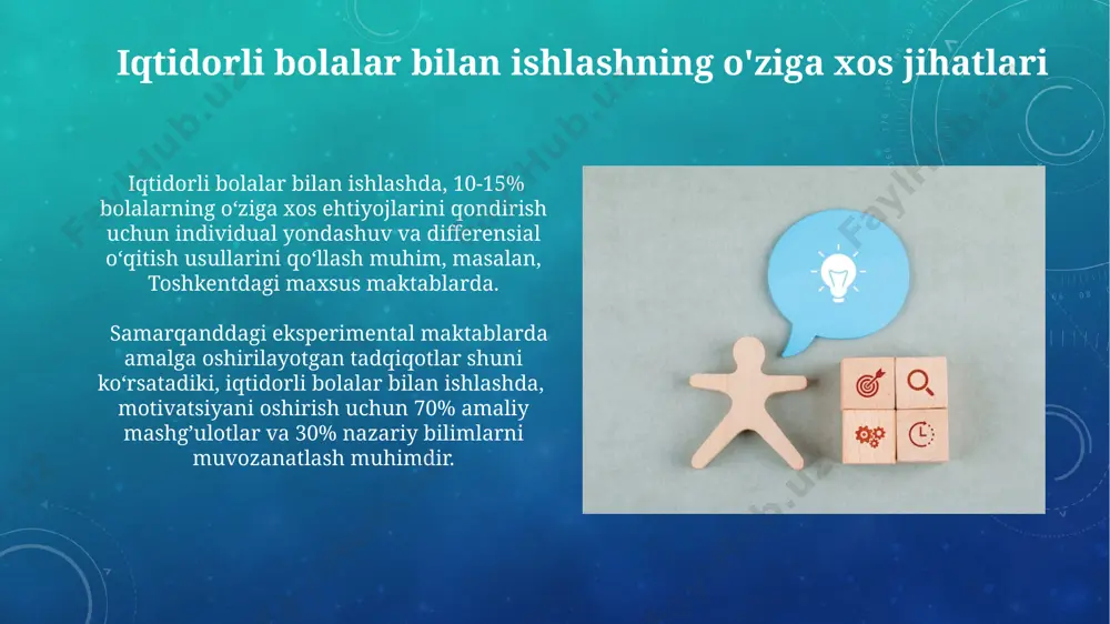 an. iqtidorli bolalarni rag'batlantirish samarqanddagi “barkamol avlod” markazida iqtidorli bolalar uchun individual yondashuv asosida ta’limning 3 ta asosiy usuli (differensiatsiya, individualizatsiya va integratsiya) qo‘llaniladi. o‘zbekistonda 2023-yilda 1000 dan ortiq iqtidorli bola “yosh olimlar” milliy tanlovining turli bosqichlarida ishtirok etib, o‘z bilimlarini namoyish etdilar va muvaffaqiyatlarga erishdilar. iqtidorli bolalar va ijtimoiy muhit toshkent shahridagi "barkamol avlod" markazining 2022 yildagi tadqiqotiga ko'ra, ijtimoiy-iqtisodiy jihatdan zaif oilalardagi iqtidorli bolalarning 35% o'z qobiliyatlarini to'liq ro'yobga chiqara olmayapti. iqtidorli bolalarga mo'ljallangan maxsus dasturlar soni o'zbekistonning 12 ta viloyatida 2023 yilda 50% ga oshdi, bu ijtimoiy qo'llab-quvvatlashning yaxshilanishini ko'rsatadi. kelajakda iqtidorli bolalar bilan ishlash kelajakda iqtidorli bolalar bilan ishlashda, masalan, toshkentdagi 5-maktabda qo‘llaniladigan differensial ta’lim yondashuvi 20% ga yuqori natijalarga olib keldi va o‘quvchilarning 30% olimpiadalarda ishtirok etishga tayyor bo‘lishdi. andijon viloyatida 2023 yilda o‘tkazilgan tadqiqot shuni ko‘rsatdiki, iqtidorli bolalarni erta aniqlash va ular bilan maxsus guruhlarda ishlash, akademik ko‘rsatkichlarni 15 ballga oshirdi va ijtimoiy moslashuvchanlikni …