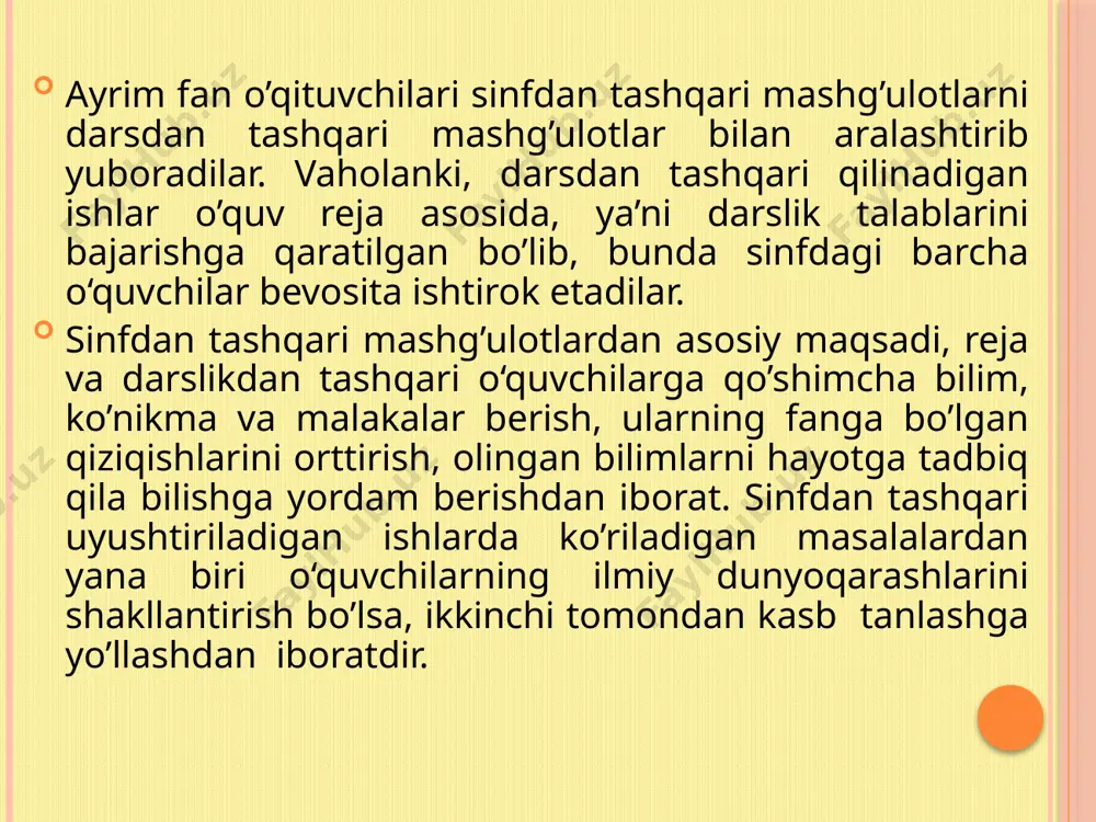 lar bilan yakka tartibda olib boriladigan sinfdan tashqari mashg’ulotlarda ilmiy ommabop kitoblar o’qish, ko’rgazmali qurollar yasash, kuzatish va tarjribalar o’tkazish kabi tadbirlar amalga oshiriladi. o‘quvchilar guruxi bilan olib boriladigan sinfdan tashqari ishlarda to’garak mashg’ulotlari, amaliy xonalarni jihozlash, devoriy gazetalar, fotomontajlar chiqarish, o’quv filmlari namoyish qilish, albomlar tayyorlash, ekskursiyalar uyushtirish kabi ishlarni amalga oshirish mumkin. ommaviy mashg’ulotlarga ko‘pgina boshlang’ich sinf o‘quvchilari qatnashishlari mumkin. bunday mashg’ulotlarda «ona tili kuni», «texnologiya kuni», «ingliz tili», «matematika fani haftaligi» kabi kechalar, konferensiyalar, muzokaralar, viktorinalar, qishloq xo’jaligi novatorlari bilan uchrashuvlar o’tkazish, ommabop va badiiy filmlar namoyish qilish tajriba, ekskursiyalar materiallariga asoslangan ko’rgazmalar tashkil etish, o’tkir zexhnlilar mushoirasi kabi turlari kiradi. o’quvchilarni kasbga yo’naltirish tizimi kasb – hunar ta’limi tizimi sinfdan tashqari mashg’ulotlar farayoni kasblar to’g’risida axborotlar o’quvchi kasbiy sifatlarini dastlabki pedagogik –psixologik tashxisi o’qauvchi shaxsini ijtimoiy- kasbiy yo’naltirish kasbiy maslahat kasbiy tarbiya iqtisodiy tarbiya o’quvchi shaxsi kasbga yo’naltirish tizimining ob’ekti sifatida umum mehnat va kasbiy bilim, …