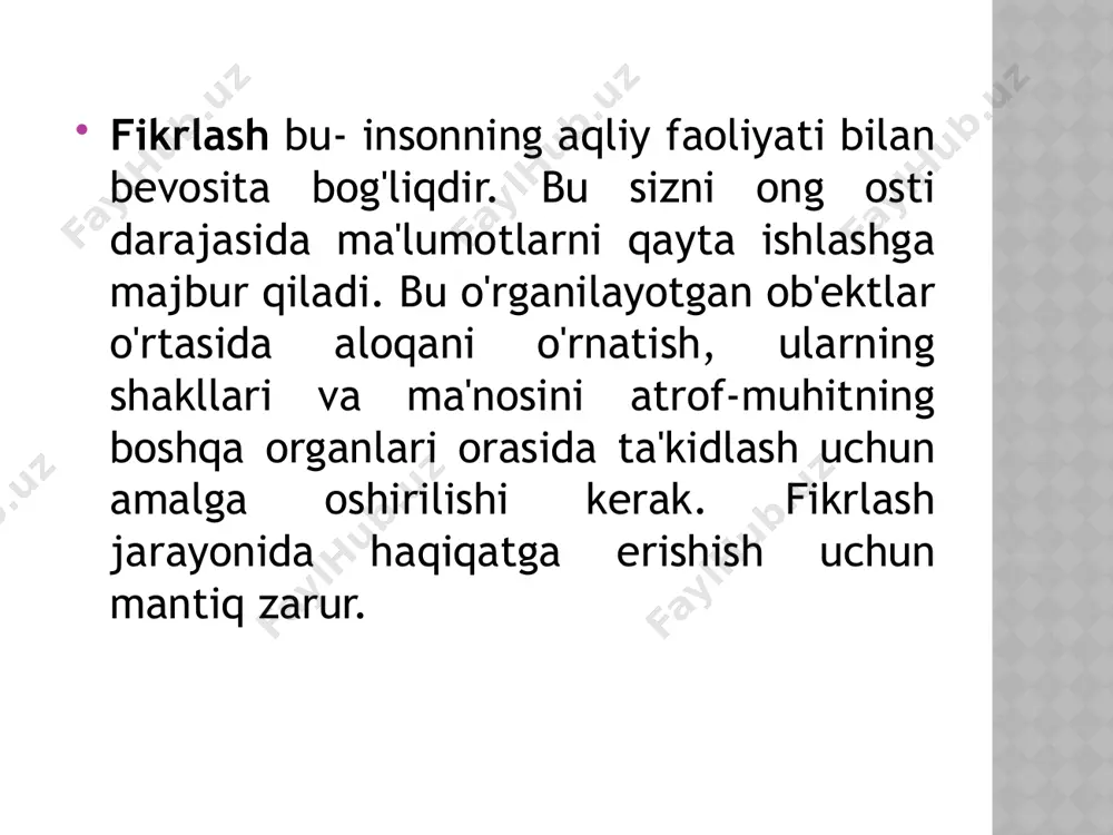lan o'ynashingiz mumkin bo'lgan e'tibor va mantiqni rivojlantiradigan o'yinlarni qidirib toping va yoshingiz qancha bo'lishidan qat'iy nazar, do'stlaringiz bilan qiziqarli va yoqimli bo'ladi. iq testlaridan foydalaning. ko'p mantiqiy fikrlashni talab qiladigan qiziqarli vazifalar mavjud. garchi, iq testlaridan tashqari, boshqa ko'plab narsalar mavjud. fikrlash vazifalari 1) mashina ostida qanday raqam yashiringan? qo'shimcha qismni toping. ushbu vazifani faqatgina 15% odamlar bajara olishadi. avtobus qaysi tarafga boryapti? ijodiy fikrlashni rivojlantirish ijodiy fikrlash - egasi g'ayrioddiy echimlarni topadigan fikrlash, takomillashtirilgan yoki qisqa, eng yaxshi. ijodiy fikrlash sizga yangi g'oyalarni yaratishga imkon beradi. ijodiy fikrlash sizga o'zingizni san'atda sinab ko'rish imkoniyatini beradi. siz o'zingizni musiqa yoki rasm, she'riyat yoki g'ayrioddiy narsalarda topishingiz kerak. ijodiy fikrlashni rivojlantirish uchun bir nechta qiziqarli mashqlar: drama yoki dahshatli filmni toping va uni komediya janriga aylantiring. buning aksini ham ko'ring. drama shaklida komediya yarating. filmning ssenariysi bilan keling. bir-biri bilan kelishmovchilik bo'lgan 2-3 juft odamni oling va ushbu hikoyani rivojlantiring. …