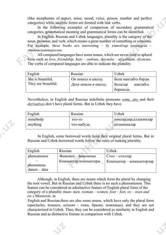 al language means called grammatical forms. consequently, the form of the word is a variation of the same word, differentiated from each other with grammatical meanings. beyond the grammatical form, there is no grammatical meaning. grammatical meanings can be expressed not only by morphological changes of words but also by means of other words, with which it is associated in the sentence. for example, in the russian sentencesон купил пальто and он был в пальто the form of the word пальто (coat)is the same, but in the first case it has the grammatical meaning of the accusative case, and in the second - the prepositional. these meanings are formed with different connections of the word with other words in the sentence. moreover, according to the structure grammatical forms can be subdivided into synthetic form and analytical form. the main difference between synthetic form and analytical form is that synthetic forms …