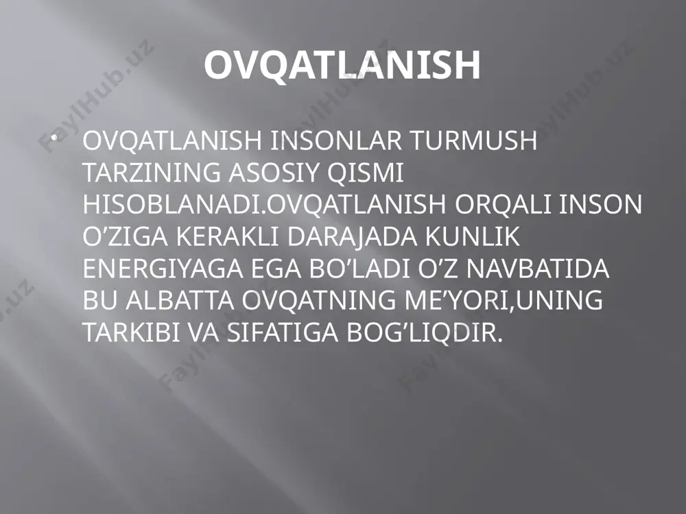 lar doimiy olingan bo;lishiga iste’mol qilinayotgan ovqatning sifatiga va tarkibiga e’tibor berish muddati o’tgan maxsulotlarni tashlab yuborish konserva mahsulotlarini extiyotkorlik bilan istemol qilish hayot uchun foydali maxsulotlarni istemol qilish o’z vaqtida ovqatlanish idish tovoqlar tozaligiga ahamiyat berish ovqatlanayotgan muhitga ahamiyat berish va hk image2.jpeg image3.jpeg image4.jpeg image5.jpeg image6.jpeg image7.jpeg image8.jpeg image9.jpeg