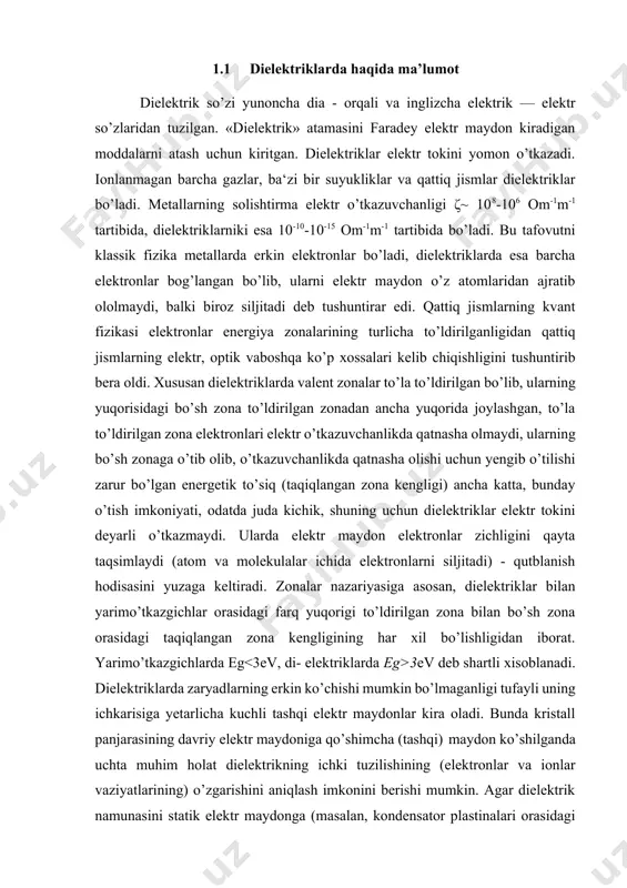 bo’lishi mumkin. bu kuchlar panjara o’zining muvazanatiy shakliga nisbatan deformatsiyalanishi (masalan, atomlar tebranishlari) oqibatida paydo bo’lishi mumkin. mazkur masalalarni tadqiqlashda muhit uchun yozilgan maksvell tenglamalaridan foydalanish qulaydir. keyin qattiq jismdagi mahalliy maydonlarni muxokamaga kiritib, tashqi maydon ta‘sirida qutblanish xodisalarini atomlar saviyasida bayon qilinadi. ma‘lumki, klassik elektrodinamika muhitlardagi elektromagnitik hodisalarni, tashqi maydondan boshqa, yana muhit xossalarini ifodalovchi tushuncha va kattaliklar yordamida tadqiq qilgan. elektr maydon kuchlanganligi — maydonning mazkur nuktasiga joylashtirilgan birlik musbat zaryadga ta‘sir etuvchi kuch; — qutblanish vektori — dielektrik birlik hajmining elektrik momenti; - elektrik induksiya (elektrik siljish) vektori muhit ichida tashki maydon va uning ta‘sirida paydo bo’lgan qutblanish elektrik maydonining birgalikda birlik musbat zaryadga ta‘sir etuvchi kuch; ε — muhitning nisbiy dielektrik singdiruvchanligi (dielektr doimiy) - anizotrop muhit bo’lganda vektorlar parallel bo’lmasligi mumkin, dielektrik qabulchanlik va singdiruvchanlik tenzor kattaliklar bo’ladi. ma‘lumki, mazkur tenglama kulon qonunini ρ zichlikda uzluksiz taqsimlangan zaryadlar holi uchun umumlashtirishdan kelib chiqqan. miqdor jihatdan …