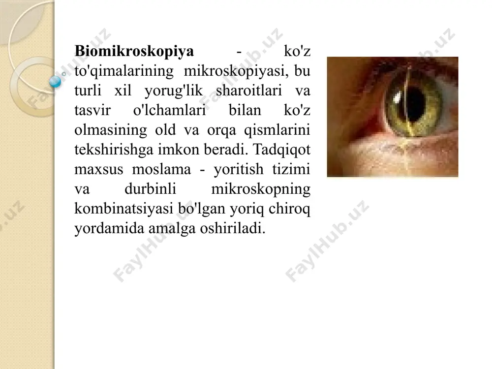 uni ko'rish sohasidagi meridianlarning har qanday joyiga qo'yishga imkon beradi. yorug'lik 75 lk. oq buyumlar qora mat tayoqlarning uchiga yopishtirilgan qog'oz doiralar shaklida qo'llaniladi. diametri 3 mm bo'lgan oq narsalar ko'rish maydonining tashqi chegaralarini aniqlash uchun ishlatiladi, diametri 1 mm - bu chegaralar ichidagi o'zgarishlarni aniqlash uchun; rangli perimetriya uchun 5 mm diametrli rangli (qizil, yashil va ko'k) ob'ektlar ishlatiladi, ular kulrang tayoqlarning uchlariga o'rnatiladi (aks ettirish koeffitsienti 0,2). ark yoritgichi kamida 160 lyuks ko’rish maydonini tekshirish avtoperimetrlar ko'zning refraktometriyasi - inson ko'zining optik xususiyatlarini o'rganish, maxsus asboblar - refraktometrlar yordamida. ushbu tadqiqot oftalmometriyadan farq qiladi, unda faqat shox pardaning sinishi kuchi aniqlanadi. tadqiqotning maqsadi miyopiya, gipermetropiya yoki astigmatizm kabi ko'z kasalliklarini aniqlashdir. hozirgi vaqtda refraktometriya avtomatik (kompyuter) apparatlar - refraktometrlarda olib borilmoqda. refraktometriya bemor boshini asbobning maxsus stendiga qo'yadi va rasmga (uy, qayiq va boshqalar) qaraydi, u esa noaniqroq yoki aniqroq bo'ladi. natijada, har bir ko'z uchun butun jarayon …