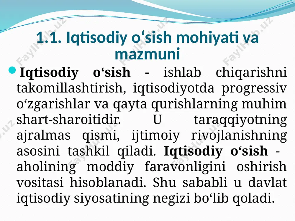 r vaqtda ishlab chiqarishni o‘zlashtirish va bozorda iste’molchilar talablariga mos, to‘lash qobiliyatiga ega o‘z sifati va narxi bilan ular talabiga javob beradigan yangi mahsulotning paydo bo‘lishi dalili yetarli. iqtisodiyot asosiy subyektlarining iqtisodiy o‘sishi tomon intilishi jamiyatda qanday rivojlanish darajasiga erishilganga bog‘liq bo‘lmagan holda mavjud bo`ladi. iqtisodiyotda iqtisodiy o‘sishning yuzaga kelishi shakllari izohida ikki asosiy yondashuv mavjud. ulardan keng tarqalgani iqtisodiy o‘sishni yaim (md) real hajmi o‘sish sur’ati yoki bu ko‘rsatkichlarni aholi ehtiyoji hisobida oshirish sur’ati bilan o‘lchanadigan aniq vaqtda milliy iqtisodiyot rivojlanishining jami tavsifi bilan tushunish hisoblanadi. iqtisodiy o‘sishni hisoblashning birinchi usuli, odatda, mamlakatning iqtisodiy salohiyati kengayish sur’atlarini baholashda qo‘llaniladi, ikkinchisidan esa aholining qulay sharoiti dinamikasi tahlilida yoki turli hududlar va mamlakatlarning hayotiylik darajasini solishtirishda foydalaniladi. hozirgi vaqtda o‘sish nazariyasida ikkinchi hisoblash usuli afzal deb qaraladi. iqtisodiy o‘sishda real milliy daromad oshishi sur’atlari aholi o‘sishi sur’atlarini oshiradigan milliy iqtisodiyot rivojlanishi nazarda tutiladi. iqtisodiy o‘sishni ishlab chiqarish real hajmining oshish sur’atlari …