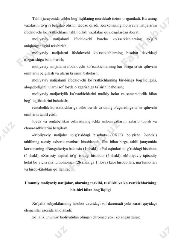 anishi esa xarajat hisoblanmaydi. moliyaviy natijalarni moliyaviy hisobotda aks ettirish masalasi eng muhim masala hisoblanadi. bunda quyidagi talablarga amal qilinadi: - aktivlarning ko`payishi va majburiyatlarning kamayishi bilan bog`liq bo`lgan bo`lg`usi iqtisodiy foydaning o`lchangan ko`payishi paydo bo`lganda daromad moliyaviy natijalar to`g`risidagi hisobotda aks etadi. daromadlarni tan olish aktivlarning ko`payishi va majburiyatlarning kamayishini aks ettirish bilan bir vaqtda yuzaga kelishi lozim; - xarajat aktivlarning kamayishi va majburiyatlarning ko`payishi bilan bog`liq bo`lgan bo`lg`usi iqtisodiy foydaning o`lchangan kamayishi paydo bo`lganda moliyaviy natijalar to`g`risidagi hisobotda aks etadi. xarajatlarni tan olish majburiyatlardagi ko`payish yoki aktivlarning kamayishini aks ettirish bilan bir vaqtda yuzaga kelishi lozim. xarajatlarni belgilash mulkni, ishlab chiqarishni boshqarish hamda mahsulot sotish, ishlarni bajarish, xizmatlar ko`rsatish va zararlar bilan bog`liq. ular odatda pul mablag`lari, moddiy zaxiralar, inshootlar, uskunalar va boshqa aktivlarning chiqib ketishi yoki ulardan foydalanish, ishlatish shaklida bo`lishi mumkin. zararlar ham iqtisodiy foydaning kamayganligini bildiradi va o`z tabiatiga ko`ra boshqa xarajatlardan farq qilmaydi. zararlar …