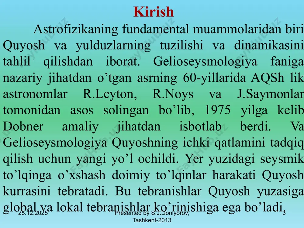 shilgan. 05.09.2018 13 presented by s.j.doniyorov, samarqand-2014 quyosh tebranishlarini kuzatish xalqaro dasturlari 05.09.2018 presented by s.j.doniyorov, tashkent-2013 14 xulosa. gelioseysmologik tadqiqotlar quyosh ichida plazmaning murakkab dinamikasini ochib berdi. global tebranishlarni o’rganishda quyidagi tadqiqot ishlarini olib borish lozim. quyosh faolligi asosiy mexanizmini tushunish uchun, generatsiya, magnit energiyasining ajralib chiqishi va to’planishi, kabi hodisalarni juda chuqur va aniq o’rganish lozim. fotosfera ostki strukturasini uch ulchovli tasvirini olish imkonini beradigan modelni yaratish lozim. quyoshning global tebranishlarini o’rganishda, quyoshning lokal tebranishlarini hisobga oladigan usullarni ishlab chiqishdan iborat. 17.042014 15 presented by s.j.doniyorov, tashkent-2013 presented by s.j.doniyorov, samarqand-2014 15 15 image2.png image3.png image4.png image5.png image6.jpeg image7.png image8.png image9.png image10.png image11.png image12.emf image13.emf image14.gif image15.gif image16.gif image17.gif image18.png image19.png image1.jpeg