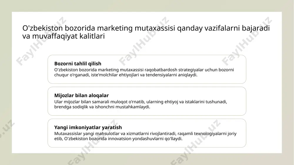 ning hozirgi muammolari, 2020. 4. qodirov, f. marketologning roli va vazifalari. tashkent: marketing va kommunikatsiya, 2019. 5. yusupov, m. o'zbekiston bozorida brend yaratish va rivojlantirish strategiyalari. marketing va menejment, 2023. e'tiboringiz uchun rahmat! /docprops/thumbnail.jpeg