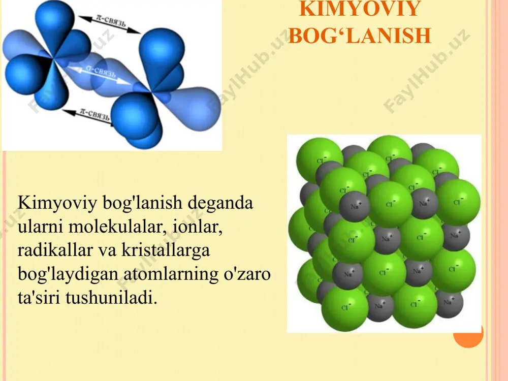 bog‘lanish ion bog‘lanish metall bog‘lanish kovalent bog‘lanish ! bog'lanish turi kimyoviy elementlarning atomlarini kattaroq shakllanishlarda ushlab turadigan kuchga bog'liq. kimyoviy birikmalarni hosil qiluvchi atomlar orasida elektronlarning taqsimlanishiga qarab kimyoviy bogʻlanishlarni 3 turga boʻlish mumkin: kovalent, ionli, metall bogʻlanish. * kovalent bog‘lanish kimyoviy bog'lanish - bu umumiy elektron juftlarining hosil bo'lishi tufayli atomlar o'rtasida yuzaga keladigan bog'lanish. bog'lanishning ma'nosi kimyoviy elementlarning atomlari tomonidan sakkiz elektronning (vodorod atomi uchun ikkita) energiya barqaror elektron konfiguratsiyasini olishdir. kovalent bog‘lanish mexanizmi kovalent bog‘lanish donor-akseptorli mexanizm almashinuv mexanizmi qutbli bog‘lanish qutbsiz bog‘lanish almashinish mexanizmi:elektron bulutlarning qoplanishi tufayli. донорно-акцепторный механизм: за счет двухэлектронного облака донора и свободной орбитали акцептора. almashinish mexanizmi. elektron bulutlarning qoplanishi hisobiga н:н н2; cl2; n2; o2 qutbsiz kovalent bog'lanish - umumiy elektron juftligidan hosil bo'lgan elektron buluti kosmosda taqsimlanadi. н:cl hcl; h2o; h2s qutbli kovalent bog'lanish - bog'ning elektron buluti yuqori elektronegativlikka ega bo'lgan atomga siljiydi. donor-akseptorli mexanizm. atomning ikkita elektron buluti (donor) …