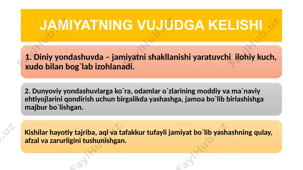 an kollektiv qarorga kelish imkoniga ega siyosiy tuzum. demokratiyada fuqarolar erkinligi va tengligi qonunlarda mustahkamlangan, xalq hokimiyatchiligining vosita va shakllari amalda oʻrnatilgan va yuzaga chiqarilgan boʻladi. demokratiya: vakillik demokratiyasi bevosita demokratiya huquqiy demokratik davlatlarda davlat hokimiyatining bo`linishi: qonun chiqaruvchi ijro etuvchi sud hokimiyati fuqarolik jamiyatini barpo etish — o`zbekiston taraqqiyotining bosh maqsadi fuqarolik jamiyati kishilarning yuksak axloqiy-siyosiy va huquqiy madaniyatiga asoslanadigan demokratik jamiyat taraqqiyotining yuqori bosqichidir. fuqarolik jamiyati umuminsoniy tamoyillar, milliy davlatchilik xususiyatlari, o`ziga xos turmush tarzi va hayot falsafasi negizida qaror topadi. fuqarolik jamiyatida davlatning qator vazifalari fuqarolarning o`z-o`zini boshqarish organlari qo`liga o`ta boshlaydi, mahalliy hokimiyat organlarining vakolati kengayadi. mamlakatimizda mahalla hokimiyat organlarining tashkil etilishi, ular vakolatining kuchaytirilishi xalqimizning o`z-o`zini boshqarish, idora etish madaniyatini shakllantirishda muhim ahamiyat kasb etadi. 3. madaniyat va sivilizatsiya, ularning tuzilishi va ijtimoiy funksiyalari. «sivilizatsiya» tushunchasi lotin tilidagi «civilis» so`zi asosida shakllangan, fuqaroviy, ijtimoiy, degan ma`nolarni anglatadi. bu tushunchani fanga shotland tarixchisi va faylasufi a.fergyusson …