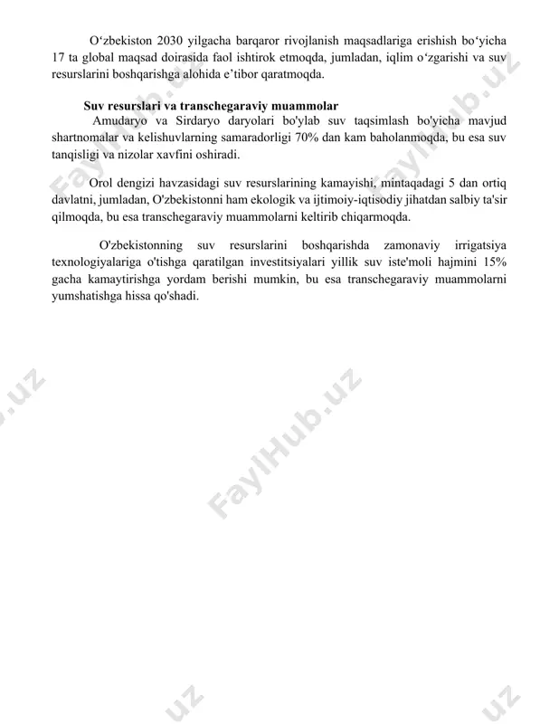 esurslari va transchegaraviy muammolar amudaryo va sirdaryo daryolari bo'ylab suv taqsimlash bo'yicha mavjud shartnomalar va kelishuvlarning samaradorligi 70% dan kam baholanmoqda, bu esa suv tanqisligi va nizolar xavfini oshiradi. orol dengizi havzasidagi suv resurslarining kamayishi, mintaqadagi 5 dan ortiq davlatni, jumladan, o'zbekistonni ham ekologik va ijtimoiy-iqtisodiy jihatdan salbiy ta'sir qilmoqda, bu esa transchegaraviy muammolarni keltirib chiqarmoqda. o'zbekistonning suv resurslarini boshqarishda zamonaviy irrigatsiya texnologiyalariga o'tishga qaratilgan investitsiyalari yillik suv iste'moli hajmini 15% gacha kamaytirishga yordam berishi mumkin, bu esa transchegaraviy muammolarni yumshatishga hissa qo'shadi. 📌xulosa ўзбекистон ўз ташқи сиёсатида кўп томонлама ҳамкорликни фаол ривожлантириб, жаҳон ҳамжамиятида муҳим ўрин эгалламоқда. мамлакатнинг халқаро майдондаги роли ва таъсири изчил ортиб бормоқда. 📚foydalanilgan adabiyotlar 1. oʻzbekiston respublikasining tashqi siyosati: yangi bosqich. toshkent: oʻzbekiston, 2022. 2. oʻzbekistonning xalqaro hamjamiyatdagi oʻrni va roli. toshkent: fan, 2021. 3. markaziy osiyoda mintaqaviy hamkorlik va oʻzbekiston. toshkent: sharq, 2020. 4. oʻzbekistonning global muammolarga munosabati. toshkent: iqtisod, 2019. 5