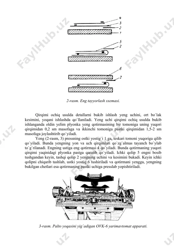 andlab ulash kimyoning rivojlana borishi ko`p mehnat tejash va tabiiy materiallardan ko`ra yaxshiroq materiallar yaratish imkonini bermoqda. kiyim tikishga mo`ljallangan, fizik-kimyoviy tarkibi jihatidan xilma-xil gazlamalarning paydo bo`lishi kiyim ishlab chiqarish bilan bog`liq bo`lgan muayyan muammolarni yuzaga keltiradi. bulardan biri mehnat va uskunalar ish unumini pasaytirmay turib, yangi sintetik materiallardan kiyim tayyorlash muammosidir. bu muammoni hal qilishning yangi ilg`or usullaridan biri kiyim detallari va uzellarini payvandlab ulash usulidir. 4-rasm. ust kiyim yon cho`ntagini yig`adigan sk-3 yarimavtomati. termoplastik materiallardan bichilgan ikki yoki bir necha detalni issiqlik va bosim ta`sirida yoki bosimsiz faqat issiqlik ta`sirida bir-biriga ulash jarayoni payvandlash deb ataladi. payvandlangan chok hech qanday begona modda aralashtirmay hosil qilinadi. uning yelimlab ulashdan farqi ham ana shunda. payvandlab tayyorlanadigan kiyimlarga quyidagilar kiradi: plashlar, yoping`ichlar, shuningdek, turli kasbdagi ishchilar uchun peshband englik kabi maxsus kiyimlar. ip bilan tikish o`rnida payvandlash ishlatilsa, ulangan joylar sifatliroq chiqadi. yoqa, manjet, cho`ntak qopqoq kabi detallarni ishlashda ba`zan chok …