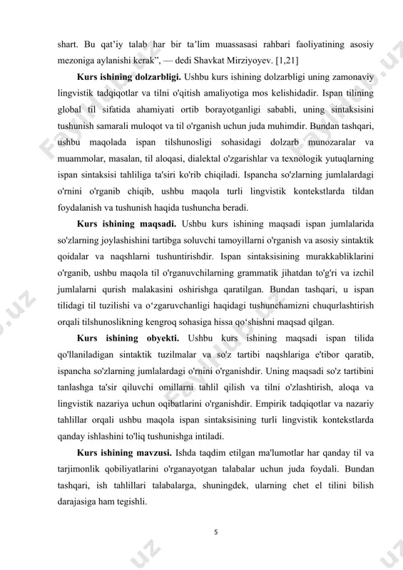 yutuqlarning ispan sintaksisi tahliliga ta'siri ko'rib chiqiladi. ispancha so'zlarning jumlalardagi o'rnini o'rganib chiqib, ushbu maqola turli lingvistik kontekstlarda tildan foydalanish va tushunish haqida tushuncha beradi. kurs ishining maqsadi. ushbu kurs ishining maqsadi ispan jumlalarida so'zlarning joylashishini tartibga soluvchi tamoyillarni o'rganish va asosiy sintaktik qoidalar va naqshlarni tushuntirishdir. ispan sintaksisining murakkabliklarini o'rganib, ushbu maqola til o'rganuvchilarning grammatik jihatdan to'g'ri va izchil jumlalarni qurish malakasini oshirishga qaratilgan. bundan tashqari, u ispan tilidagi til tuzilishi va oʻzgaruvchanligi haqidagi tushunchamizni chuqurlashtirish orqali tilshunoslikning kengroq sohasiga hissa qoʻshishni maqsad qilgan. kurs ishining obyekti. ushbu kurs ishining maqsadi ispan tilida qo'llaniladigan sintaktik tuzilmalar va so'z tartibi naqshlariga e'tibor qaratib, ispancha so'zlarning jumlalardagi o'rnini o'rganishdir. uning maqsadi so'z tartibini tanlashga ta'sir qiluvchi omillarni tahlil qilish va tilni o'zlashtirish, aloqa va lingvistik nazariya uchun oqibatlarini o'rganishdir. empirik tadqiqotlar va nazariy tahlillar orqali ushbu maqola ispan sintaksisining turli lingvistik kontekstlarda qanday ishlashini to'liq tushunishga intiladi. kurs ishining mavzusi. ishda …