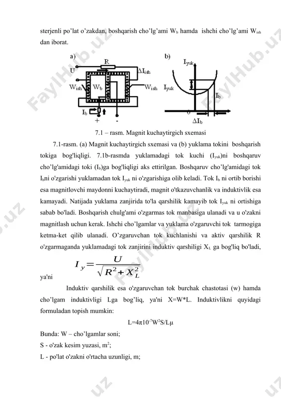 jada yuklama zanjiridagi to'la qarshilik kamayib tok iyuk ni ortishiga sabab bo’ladi. magnitli kuchaytirgichlarni afzalligi ularni sodda tuzilishiga ega ekanligidir. elektron kuchaytirgichlar sifatida triodlar ishlatiladi. 7.2-rasmda soddalashtirilgan elektron kuchaytirgich ko'rsatilgan bo'lib, setka zanjiriga qo’yilgan kuchsiz signal (ukir) anod zanjiridan kuchaytirilgan holda olinadi (uchiq). anod zanjiriga qo'yilgan manbaa yea anod tokini hosil qiladi va u yuklama qarshiligida chiqish kuchlanishini kuchaytiradi. uchiq=ia*ryu bunda uchiq- kuchaytirgich chiqishidagi kuchlanish, v ia- anod toki, a ryu- yuklama qarshiligi, om. 7.2-rasm. elektron kuchaytirgich sxemasi yarimo’tkazgichli kuchaytirgichlar elektron kuchaytirgichlarga nisbatan bir qator afzalliklarga ega bo'lganligi tufayli ular ko'p holatlarda elektron kuchaytirgichlarni siqib chiqaradi. tranzistorli kuchaytirgich sxemasi umumiy elektrod belgilari bo’yicha, ya'ni bir vaqtda kirish va chiqish elektrodlari hisoblanganligi bo’yicha turlanadilar. 7.3-rasmda umumiy bazali (a), umumiy emitterli (b) va umumiy kolektorli (c) tranzistorli kuchaytirgichlar berilgan. а) b) c) 7.3-rasm yarimo’tkazgichli kuchaytirgichlar tranzistorli kuchaytirgichlarni kamchiligi ularni parametrlarini va ish qobilyatini tashqi muhit haroratiga bog’liqligidir. elektr mashinali kuchaytirgichlar. elektr mashinali …