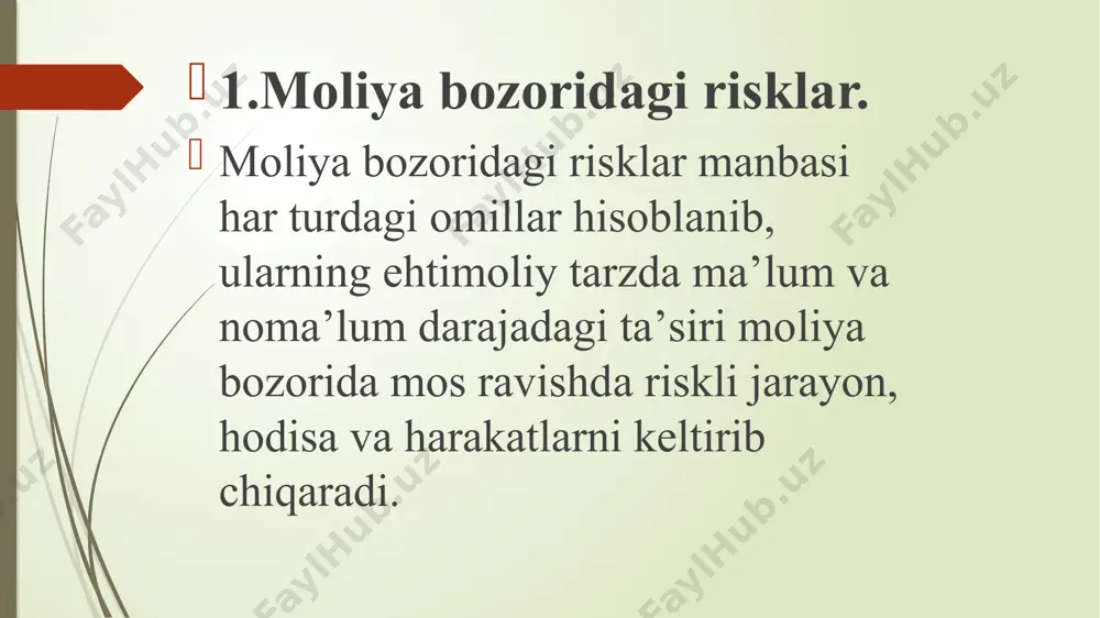 gi risk, hаrbiy kоnfliktlаr riski kirаdi. xulosa qilib shuni ayta olamanki, bugungi bozor iqtisodiyoti sharoitida barcha turdagi qimmatbaho qog’ozlar bozor muvozanatini ushlab turishda katta ahamiyatga egadir.ayniqsa xorij mamlakatlarining katta-katta korparatsiyalarini yoki korxonalarini hissadorlik jamiyat larisiz tasavvur etish qiyin va albatta qimmatbaho qog’ozlar bozorisiz. shuning uchun ham,mening fikrimcha, bugungi kunda bizning respubliamizda ham bu turdagi bozorlarni va korxonalarni rivojlantirishga katta urg’u berish lozim. mavzu bo’yicha nazorat savollari 1. risk muаmmоsi qаndаy tаvsiflаnаdi? 2. riskning tаbiаti qаndаy bo’lаdi? 3. hаrkаtlаr risksizligi nimа? 4. rm vа rr nimаni аnglаtаdi? 5. br vа tаshqi оmillаr оrаsidаgi qаndаy bоg’liqlik bоr? 6. risklаrni bоshqаrish qаndаy mоdеldа tаshkillаshtirilаdi? glossary anderrayter – bu bank ishida maxsus xizmat haqi evaziga zayom obligatsiyalari yoki aksiyalari paketini kelishilgan shartlarda bozorda joylashtirishga kafolat beruvchi shaxs yoki kompaniya. anderrayting – bu sotish maqsadida yangi emissiya qilingan qimmatli qog’ozlarni xarid qilish. listing – bu qimmatli qog’ozlarni birjaga qo’yish, ya’ni joylashtirish. birja kotirovkasi – bu …
