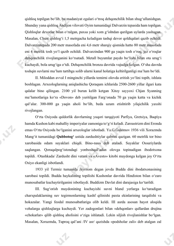 k esdaligi qoraqalpogʻistondagi kaltaminor chaylasidir uni 1937 yilda s.p.tolstov ochdi. milloddan avval 300-400 yil ilgari solingan yonbosh qalʼada 1940 yili qazish ishi olib borildi. unda 100-120 odamlik katta chayla qurgʻonligi s.p. tolstov tomonidan aniqlandi. qumni oʻyib ishlagan 20 dan ortiq oʻchoq boʻlgan. asosiy kasblari baliqchilik va ovchilik boʻlgan. v) turkmanstonda kopet-togʻ etaklaridagi soylar yoqasida anov, kaxxa, chacha, namozgoh kabi tepalar metall yangi tarqalgan zamonda paydo boʻlgan eng qadimgi oʻtroq dehqon aholi yashagan qishloqlar xarobasidan iboratdir. bu xil hali oʻrnashmagan dehqon va chorvadorlar madaniyati 1-marta xorazmda oʻsha kaltaminor chaylasi yaqinlarida aniqlangani uchun, tozabogʻyob madaniyati deb atalgan. zarafshon daryosi qurib qolgan bir tarmogʻi bilan moxandaryoda akademik ya.gʻ.gʻulomov 1950 yili tekshirdi. qorakoʻl shaharchasidan 15 km shimoli gʻarbda zamonbobo koʻli boʻyida oʻsha davr qabristoni topildi. ushbu hududdan 41 ta mozor ochildi. ota urugʻi boshlangan va er oʻlsa xotinni oʻldirib qoʻshib koʻmilgan. jez qurol jez oynalar topildi. boʻyoqli sopollar uchradi. namangan viloyati chust shaharchasi yonida …