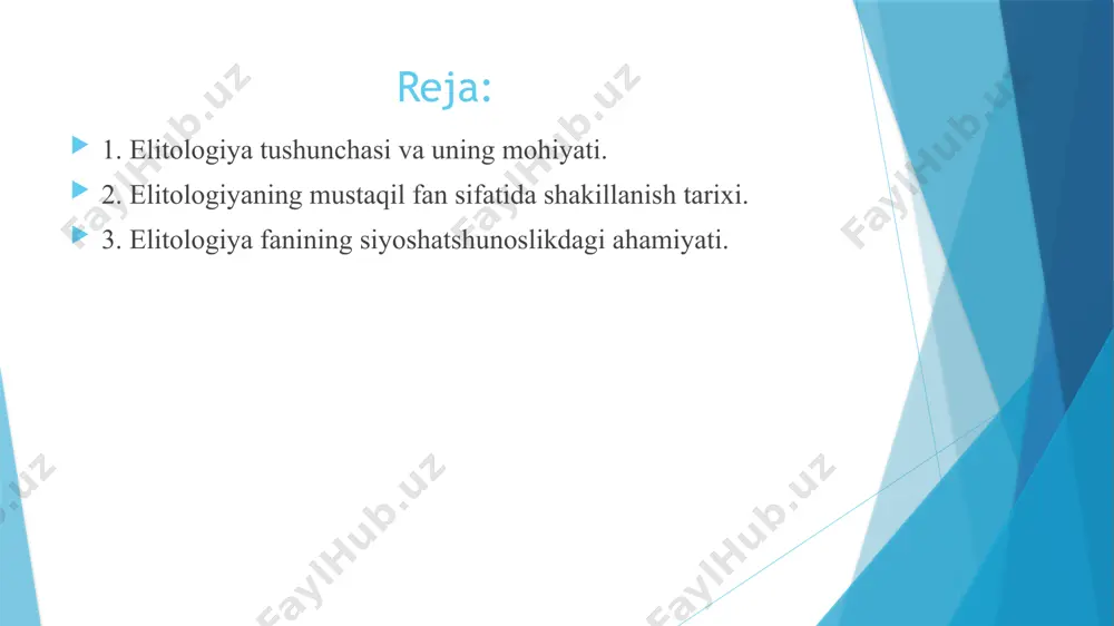 'ynaydi. elita turlari elitlar turli xil turlarga bo'linadi: siyosiy, iqtisodiy, ijtimoiy, madaniy va boshqalar. har bir elita turi o'ziga xos xususiyatlarga ega. elitalarning rol elitalar jamiyatda turli xil rollarni o'ynaydi. ular qarorlar qabul qilish, qonunlar chiqarish, resurslarni taqsimlash, madaniy va ijtimoiy o'zgarishlarga ta'sir o'tkazish orqali jamiyatga ta'sir ko'rsatadi. elita nazariyalari elitologiya fanida elitalar haqida turli nazariyalar mavjud. ular elitalarning shakllanishi, vazifalari, jamiyatga ta'siri, elitalar o'rtasidagi munosabatlar haqida turli xil fikrlarni bayon qiladi. 4 elitologiya fanining predmeti va vazifalari predmet elitologiya fanining predmeti - bu har qanday jamiyatda mavjud bo'lgan elitalar - siyosiy, iqtisodiy, ijtimoiy, madaniy, huquqiy va boshqalar. ushbu elitalar o'zlarining xususiyatlari, shakllanish tarixi, jamiyatga ta'siri, o'zaro munosabatlari va boshqa jihatlari bilan qiziqish uyg'otadi. vazifalar elitologiya fanining asosiy vazifalari quyidagilar: elitalarni o'rganish, ularning xususiyatlarini aniqlash, ularning jamiyatdagi rolini tahlil qilish, elitalar o'rtasidagi munosabatlarni tushunish, elitalarning rivojlanish dinamikasini o'rganish. 5 elitlarning shakllanishi va ularning xususiyatlari 1 shakllanish elitlarning shakllanishi ko'pincha jamiyatda …