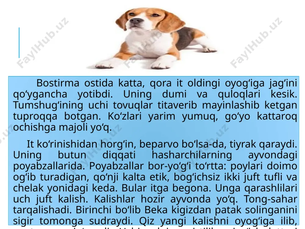 oq hayot dengiziga: u o‘jarlik bilan qilar ishini. razm solsang, har dam o‘ziga ming-ming iplar bilan bog‘laydi seni. fasllar almashar, dolg‘alanar havo, qarg‘alar tovushi – qishning daragi”. ushbu misralarda qanday badiiy tasvir vositalari qo‘llangan? ikkita javobni tanlang. a) o‘xshatish b) metafora c) sifatlash d) jonlantirish 8. she’rda zidlantirishga ikkita misol toping. qaysi obraz yoki tushunchalar bir-biriga qarshi qo‘yilgan? muallifning bundan ko‘zlagan maqsadini izohlang. qarama-qarshi qo‘yilgan obrazlar (tushunchalar): ______________________________________________________ ______________________________________________________ izoh: _________________________________________________ 9. she’rdagi qaysi obrazni ramz sifatida qabul qilish mumkin? a) qog‘oz varrak b) qarg‘alar tovushi c) yosh ko‘chat bu obrazni nimaning ramzi sifatida talqin qilish mumkin? ______________________________________________________ ______________________________________________________ ______________________________________________________ o‘zingizga baho bering. nechta savolga javob bera oldingiz?  8–9 taga: juda yaxshi!  6–7 taga: yaxshi, lekin sal ko‘proq ishlashim kerak!  6 tadan kam: yaxshi emas, ancha ishlashim kerak! e’tiboringiz uchun rahmat foydalanilgan adabiyot: adabiyot [matn]: 7-sinf uchun darslik / z. i. mirzayeva, k. q. djalilov. – toshkent: …